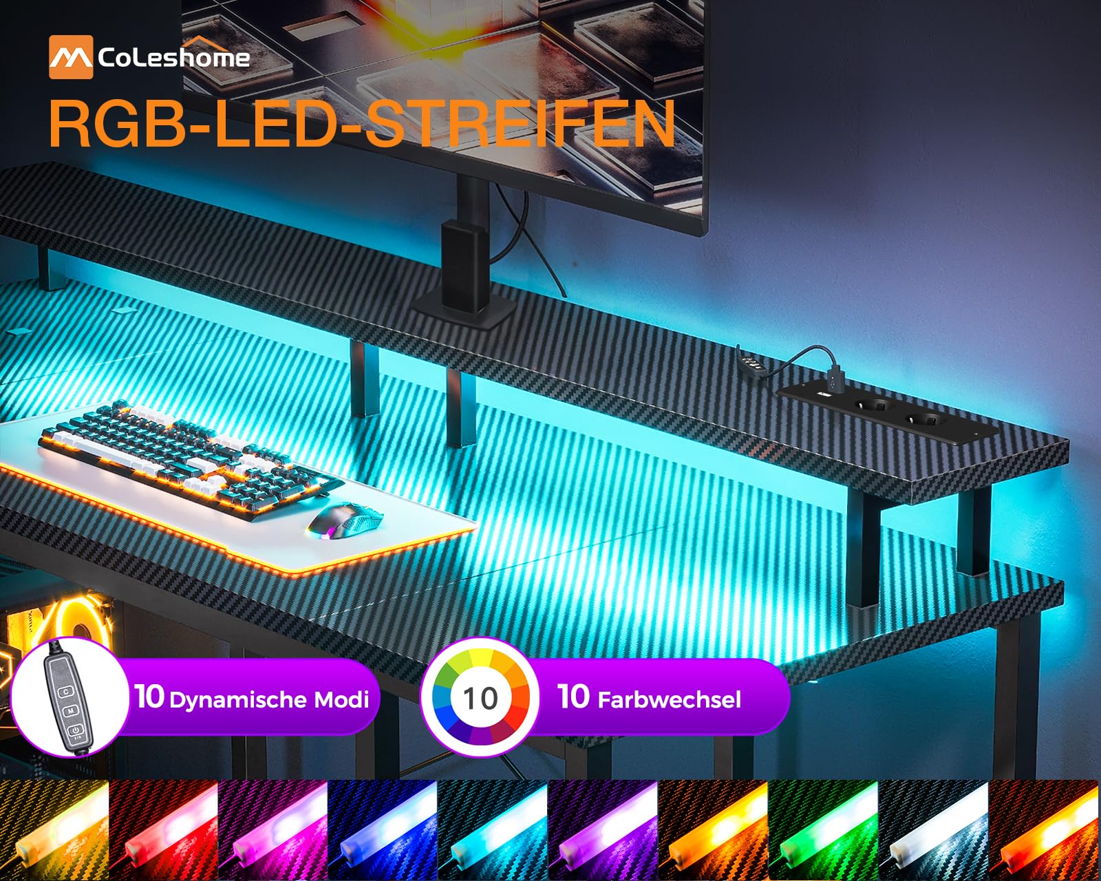Coleshome Gaming Tisch mit LED-Beleuchtung, 120x50cm Gaming Schreibtisch mit 2 Steckdosen & 2 USB-Anschlüssen, Computertisch mit Monitorständer & Stauraum, Home Office Schreibtisch, Schwarz