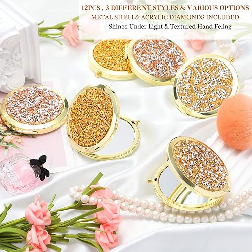 Miniatura 2 de Cindeer 12 piezas de espejo pequeño compacto plegable de bolsillo para maquillaje redondo de mano cosmética aumento compacto de diamantes de