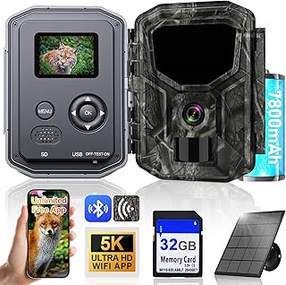 Lutranstra 5KB Wildkamera mit Handyübertragung App, 5K/64MP HD Wildkamera mit Wiederaufladbare 7800mAh Akku, Infrarot Wildtierkamera mit 32G SD Karte & Solarpanel, Bewegungssensor, Nachtsicht, IP66