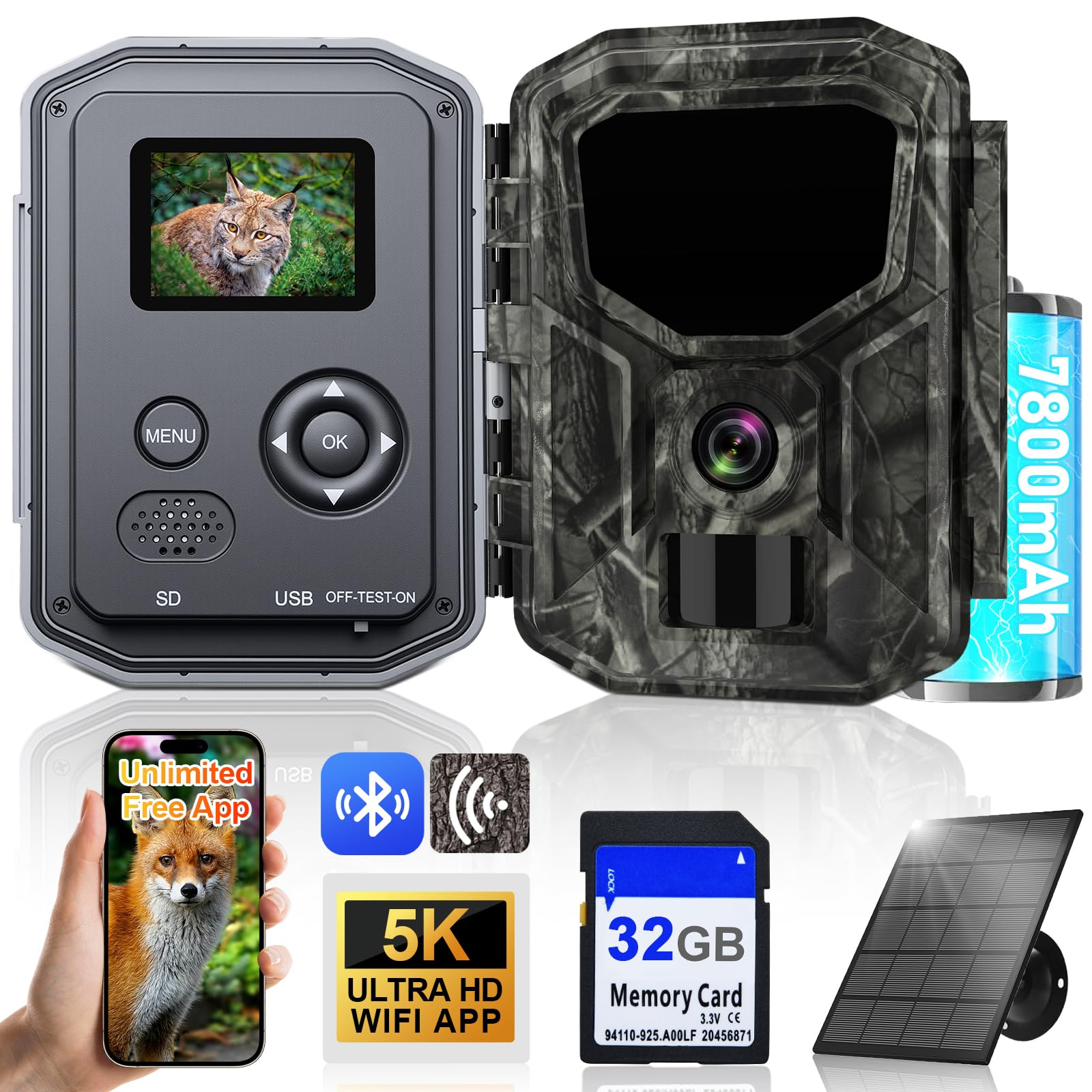 Lutranstra 5KB Wildkamera mit Handyübertragung App, 5K/64MP HD, 7800mAh Akku, Infrarot, Nachtsicht, IP66