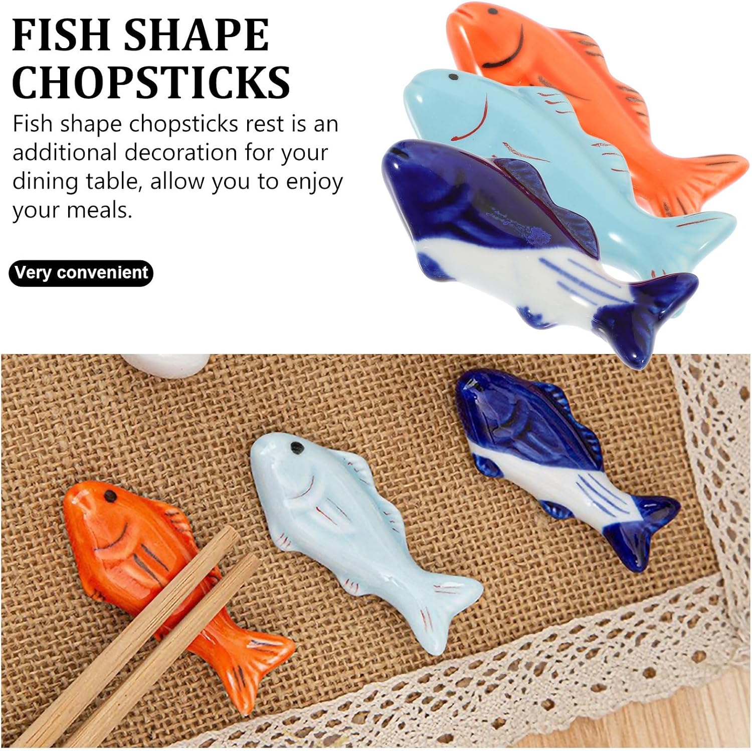 VANZACK Fish Shape Ceramic Chopstick Rest Set 9Pcs, Blue Light Porcelain Table Chopsticks Spoon Holders for Dining Tableware Organization