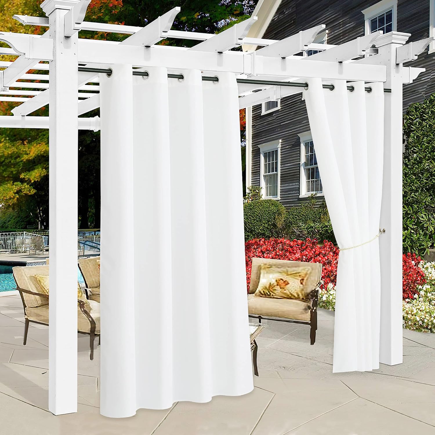 RYB HOME Outdoor Curtains for Gazebo, Waterproof Thermal Insulated Panels UV Ray Protection Room Darkening for Patio Grill Cabana Party Swimming Pool, White, W55 x L108 inches, 2 Pieces