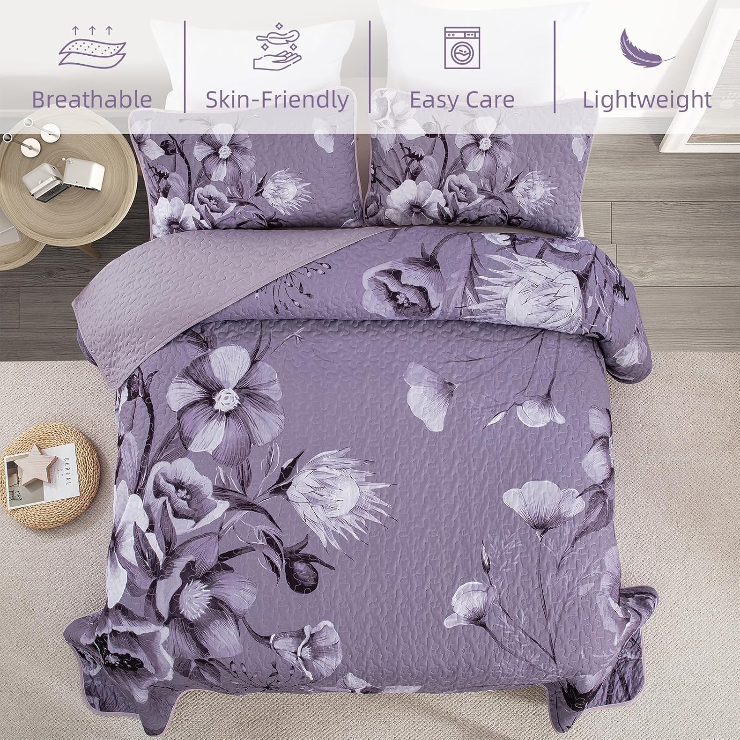 Floral Quilt Set Queen 3 Pieces Dark Purple Boho Flower Quilt Coverlet Set Soft Microfiber Lightweight Floral Quilted Bedspread with 2 Pillow Shams for All Season 90"x96" - Image 5