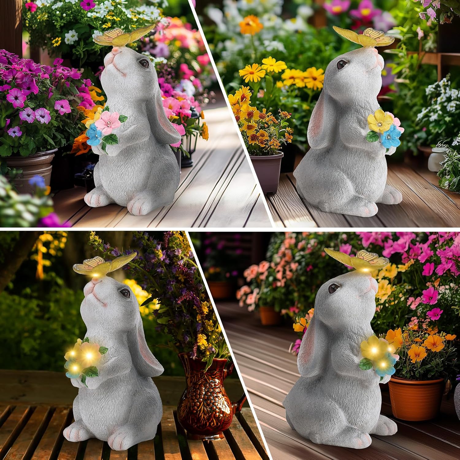 Solar Garden Decor Bunny with Flowers Statues Outdoor, Outdoor Figurine Statue Lights, Outdoor Garden Yard Lawn Patio Decoration, Unique House Warming Birthday Present for Women Family