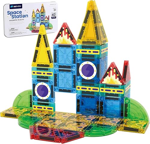 JIMI Mini Magnetic Tiles, Space Magnetic Building Blocks 42Pcs Travel Set with Iron Storage Box, STEM Educational Construction Toys for Boys Girls Ages 3 and Up Indoor Outdoor Building