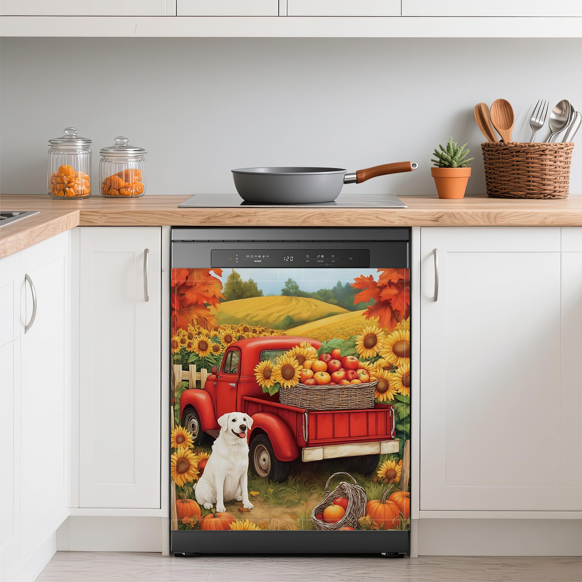 Autumn Sunflower Pumpkin Dishwasher Magnets Decorative Cover,Red Truck Dog Waterproof Magnetic Dishwasher Cover Panel,Refrigerator Magnet Cover for Kitchen Home Decor 23x26 Inch