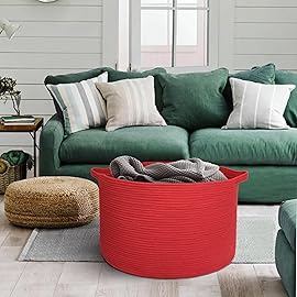 MEGASKET Extra Large Red Basket for Organizing, 22 X 22 X 14 Woven Cotton Rope Bins for Blankets, Baby Nursery Wicker Laundry Basket, Kids Dog Toy Storage Box, Big Red Living Room Decor Organizer