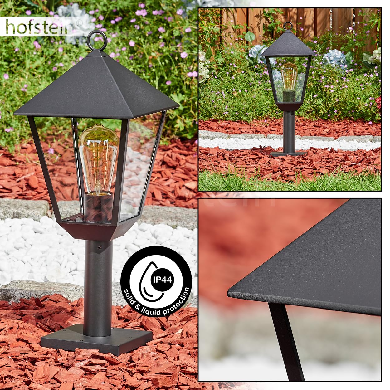 HOFSTEIN Lampa zewnętrzna Anfei, lampa cokołowa z metalu/szkła w kolorze czarnym/przezroczystym, oświetlenie ścieżki w stylu antycznym, wysokość 50 cm, oświetlenie ogrodowe IP44, 1 x E27, bez żarówki