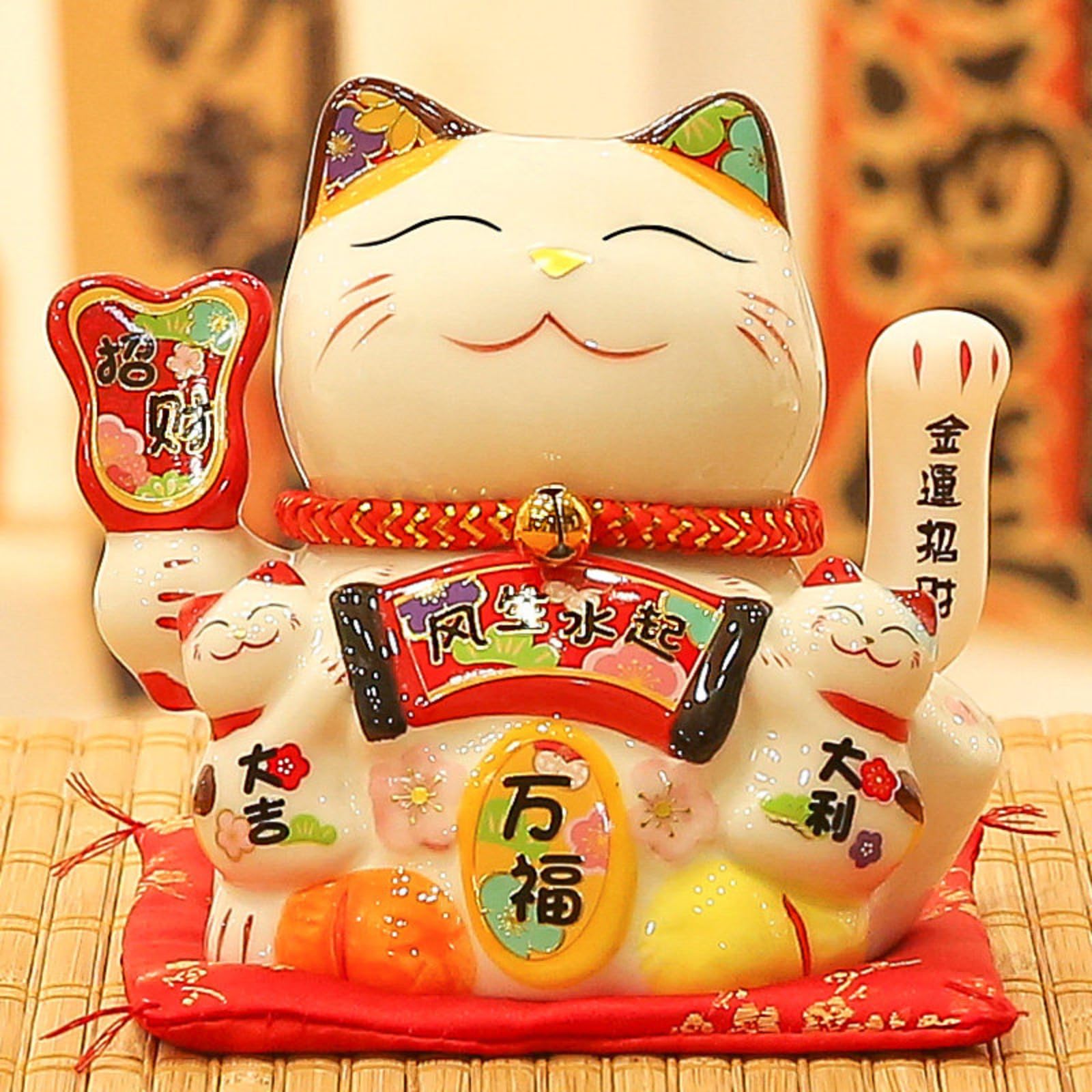 Bonito adorno de porcelana de gato de la suerte, 16 cm, estatua de gato rico para decoración del hogar