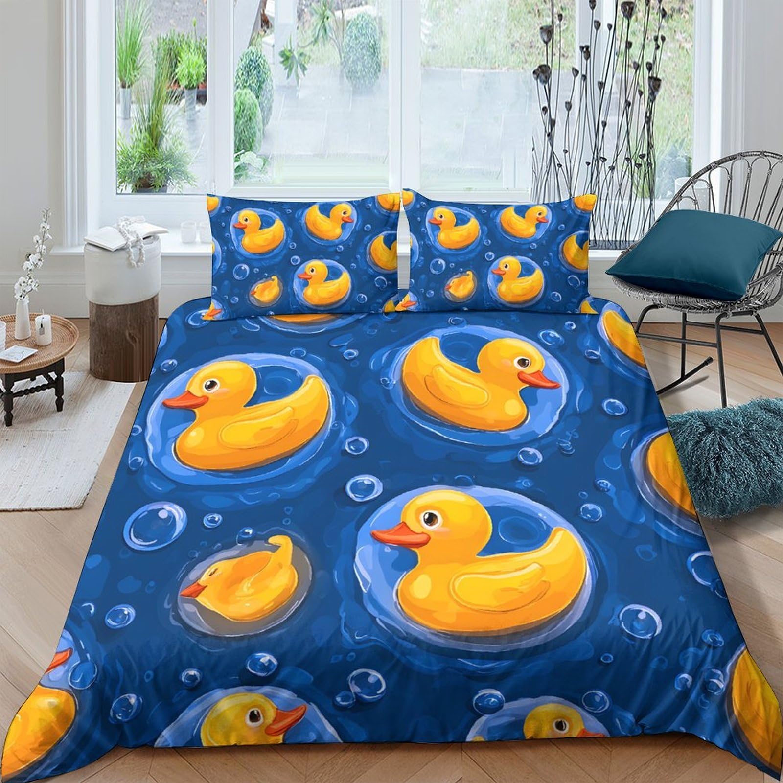 GPLZQXKJNH 3D Printed Rubber Duck Duvet Cover Set Microfiber Blue Bubble Bedding with 2 Pillowcases for Bedroom Decor Single（135x200cm）