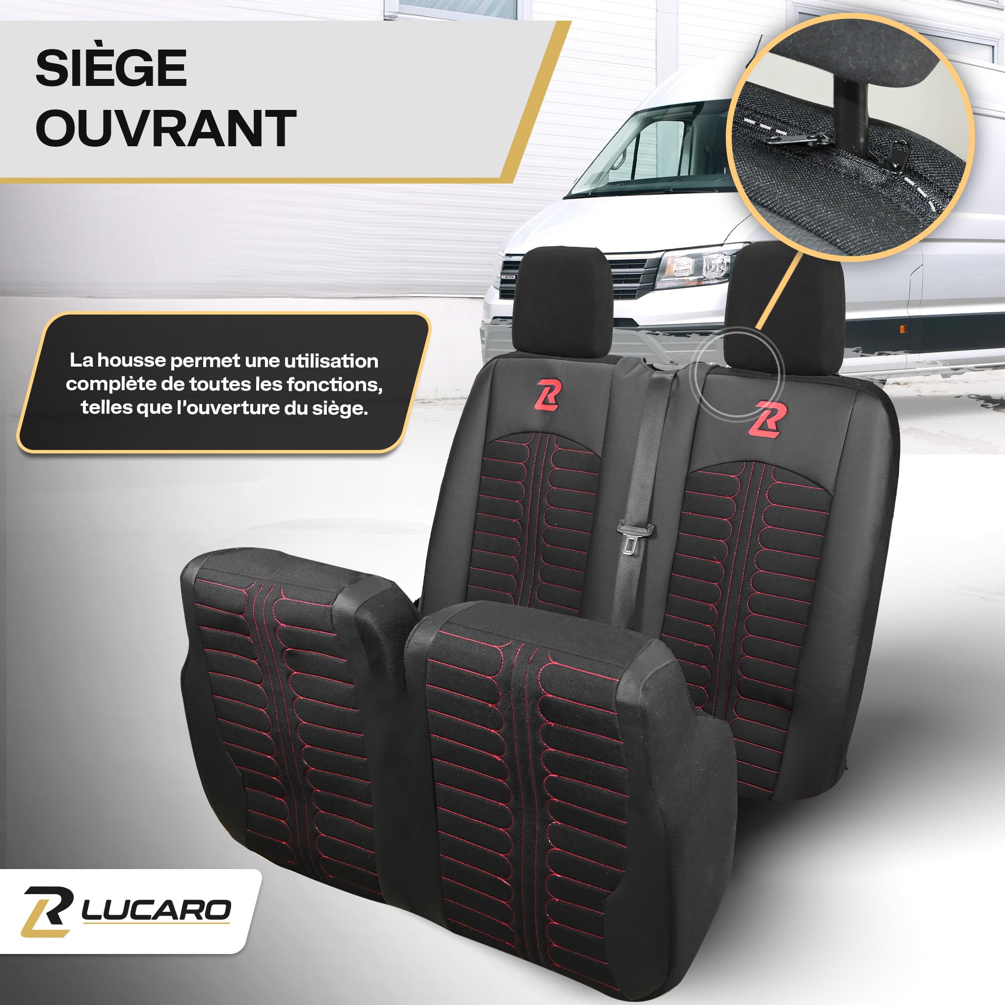 LUCARO Housse Siege Voiture Mercedes Sprinter 3 à partir de 2018 - Ensembles de Housses de Siège 2+1 - Housse de Siege Voiture Noir Rouge - Couvre Siege Auto