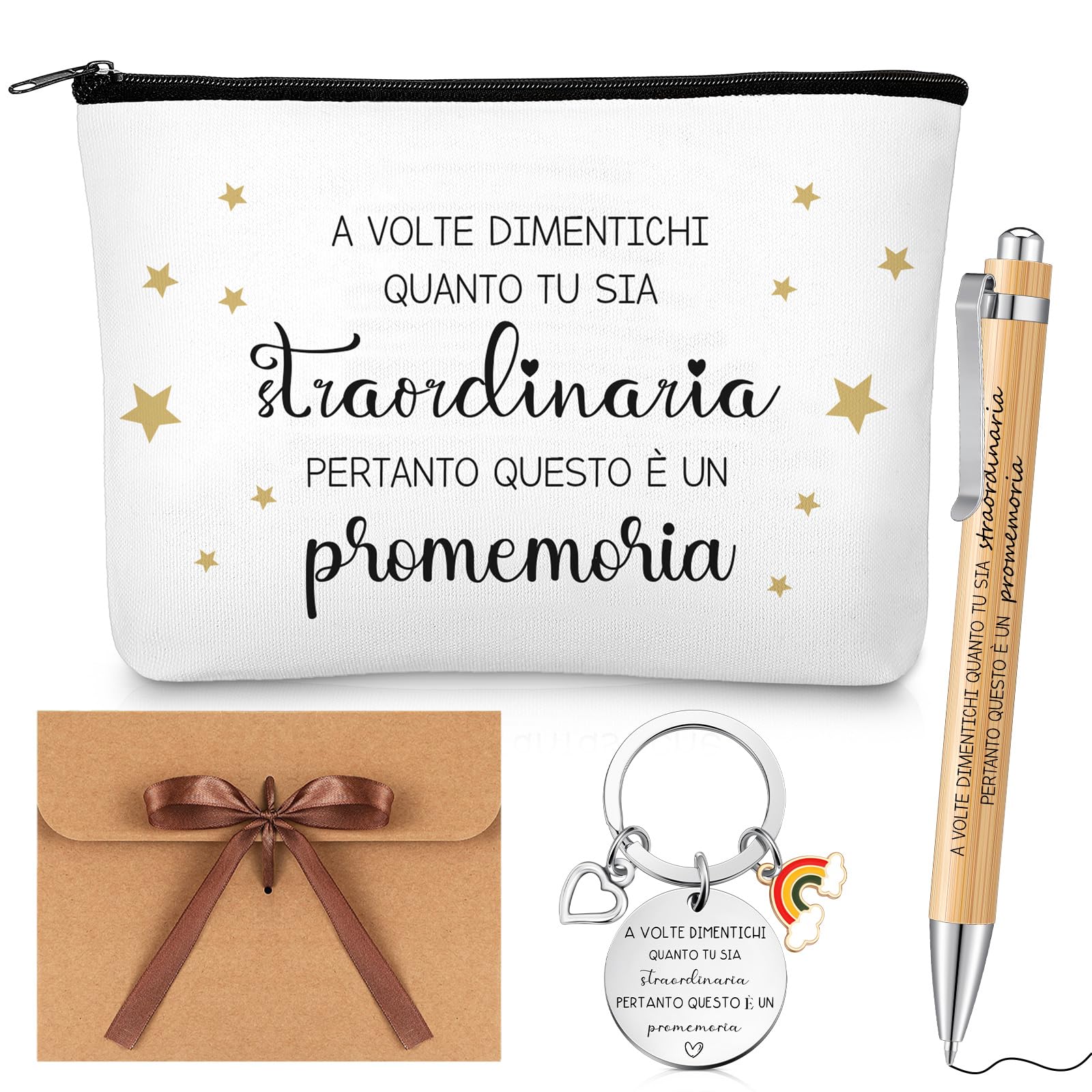 Set Regalo Motivazionale Portachiavi Regalo Ispiratore Citazione Ispiratrice Borsa per Trucco Penna a Sfera con Sacchetto Regalo per Collega e Amica Compleanno Natale Regalo(Bianco,Legno)