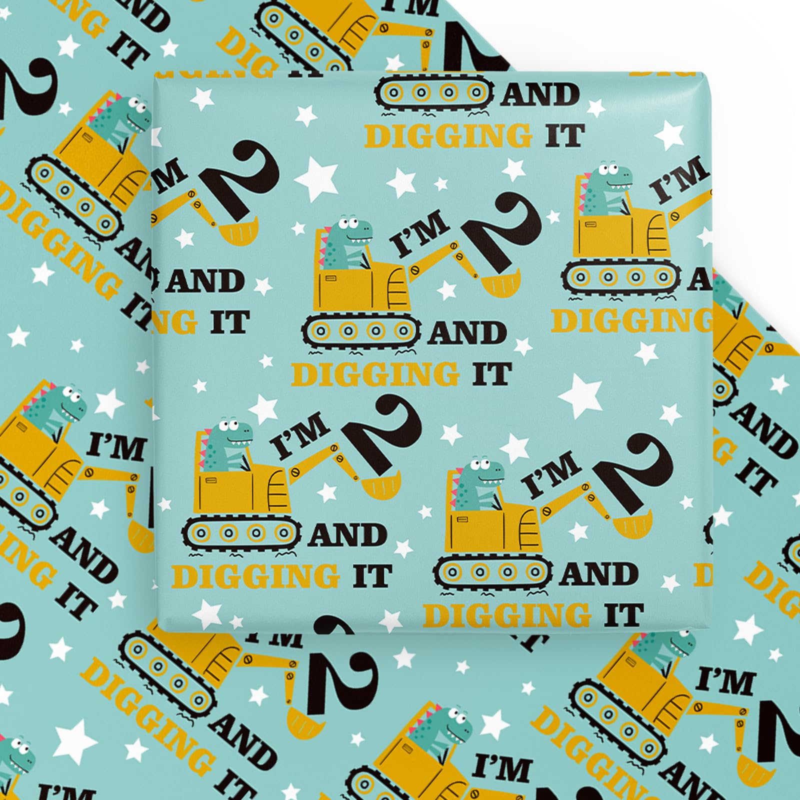 WRAPAHOLIC 2nd Birthday Wrapping Paper Sheet - 6 Sheets Adorable Dinosaurs Driving Digger Design Folded Flat for Birthday, Party, Baby Showers - 19.7 inch x 27.5 inch Per Sheet
