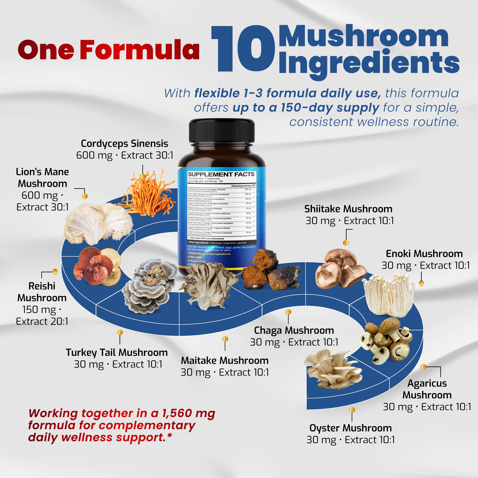 Mushroom Complex 1560mg Lion's Mane & Cordyceps for Brain & Focus, 150 Ct — Amazon image 5