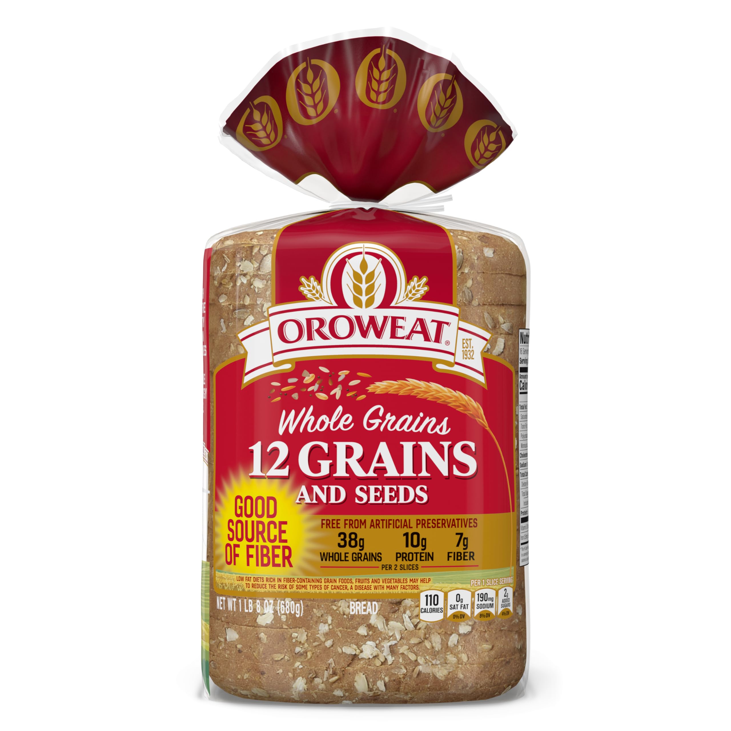 Oroweat Whole Grains 12 Grains and Seeds Whole Grain Bread, Bread Free From Artificial Colors, Flavors and Preservatives, 24 oz Loaf