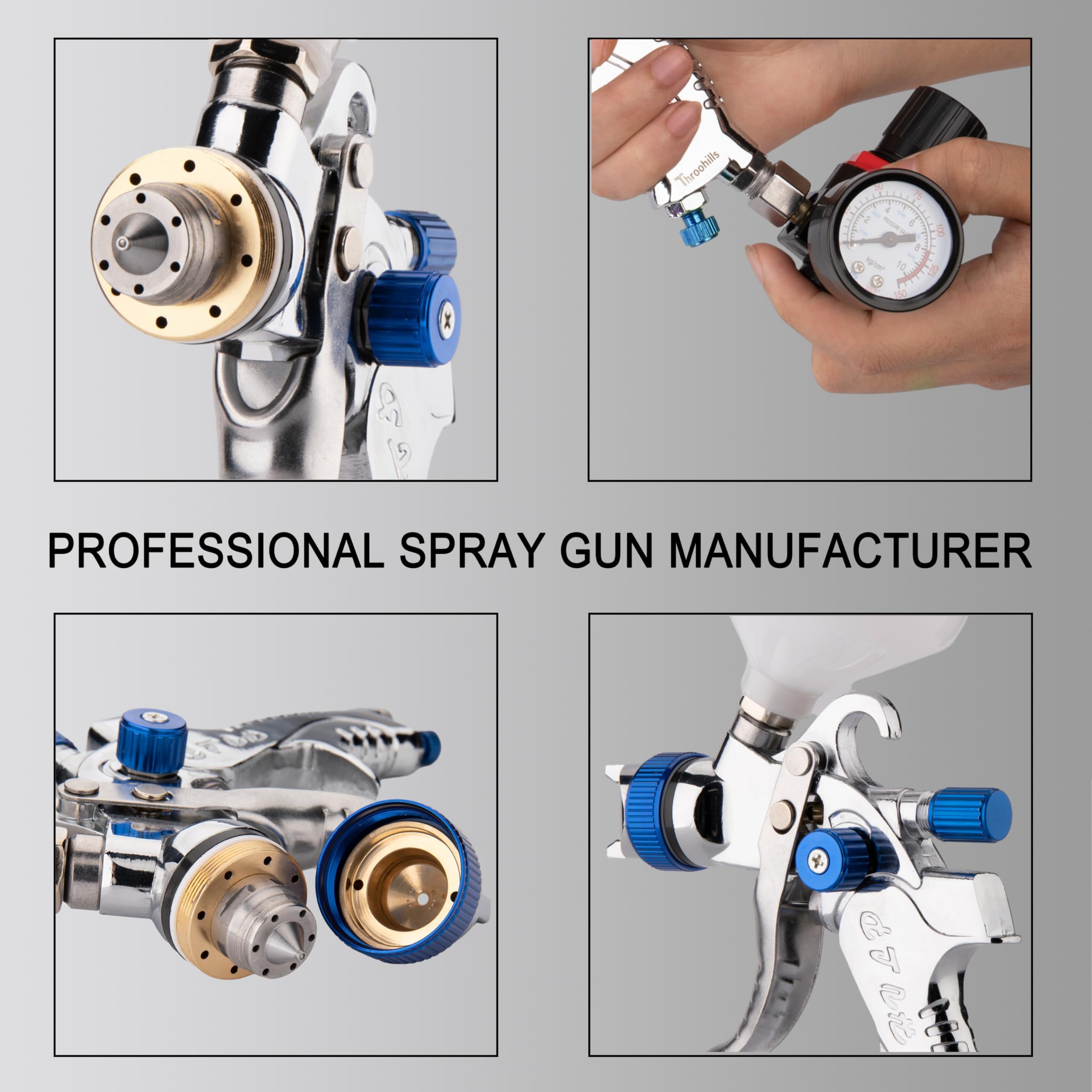 Pistolet pulvérisateur professionnel HVLP, buse de 1,3/1,5/1,8 mm, haut débit de atomisation, pistolet pneumatique réglable avec tasse de 600 cc et jauge pour retouche de peinture (bleu)
