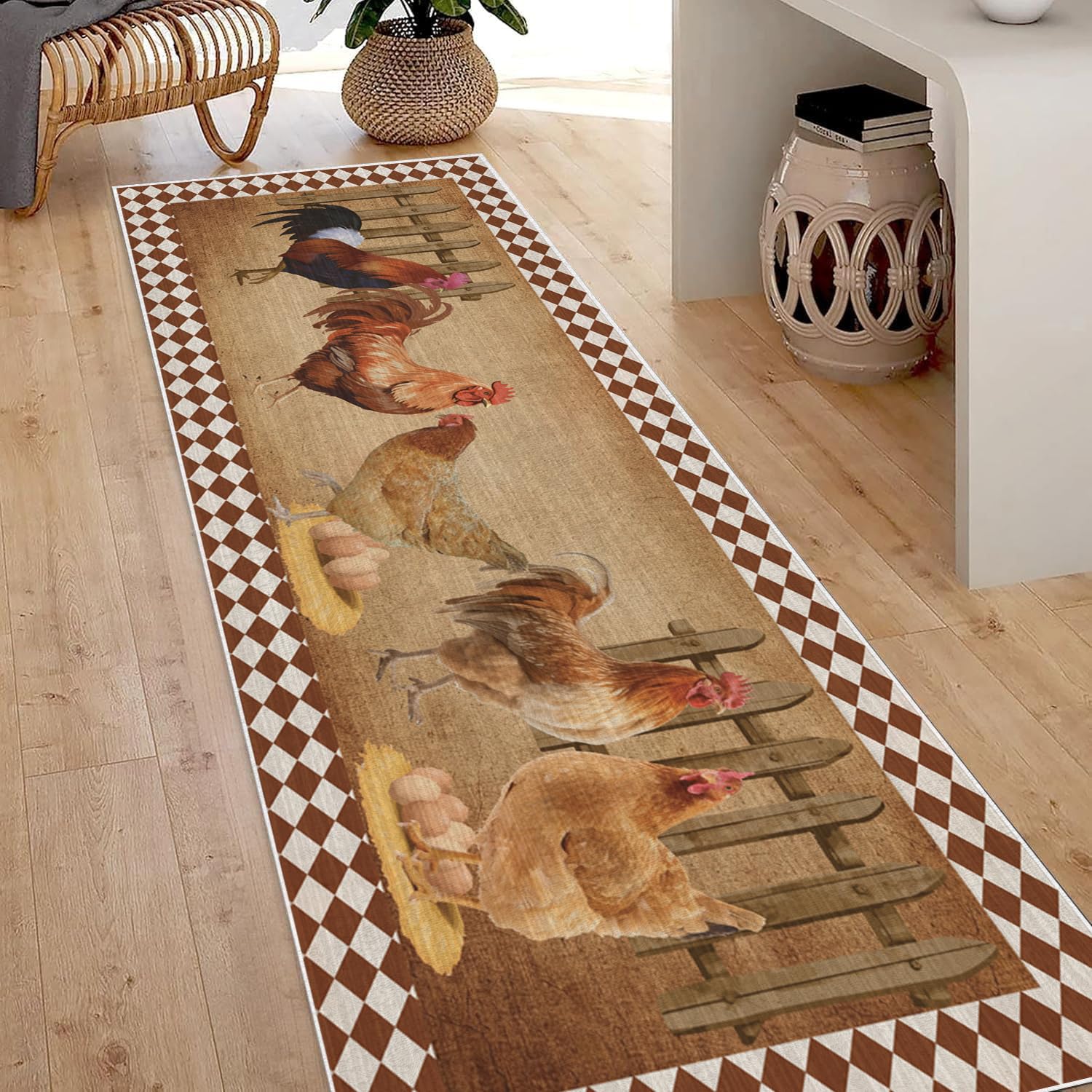Vintage Chick Runner Rug for Hallways 2.7x8ft,Farmhouse Brown Hen Red Rooster Washable Rugs,Farm Animal Non Slip Kitchen Kitchen Mats for Floor,Rustic