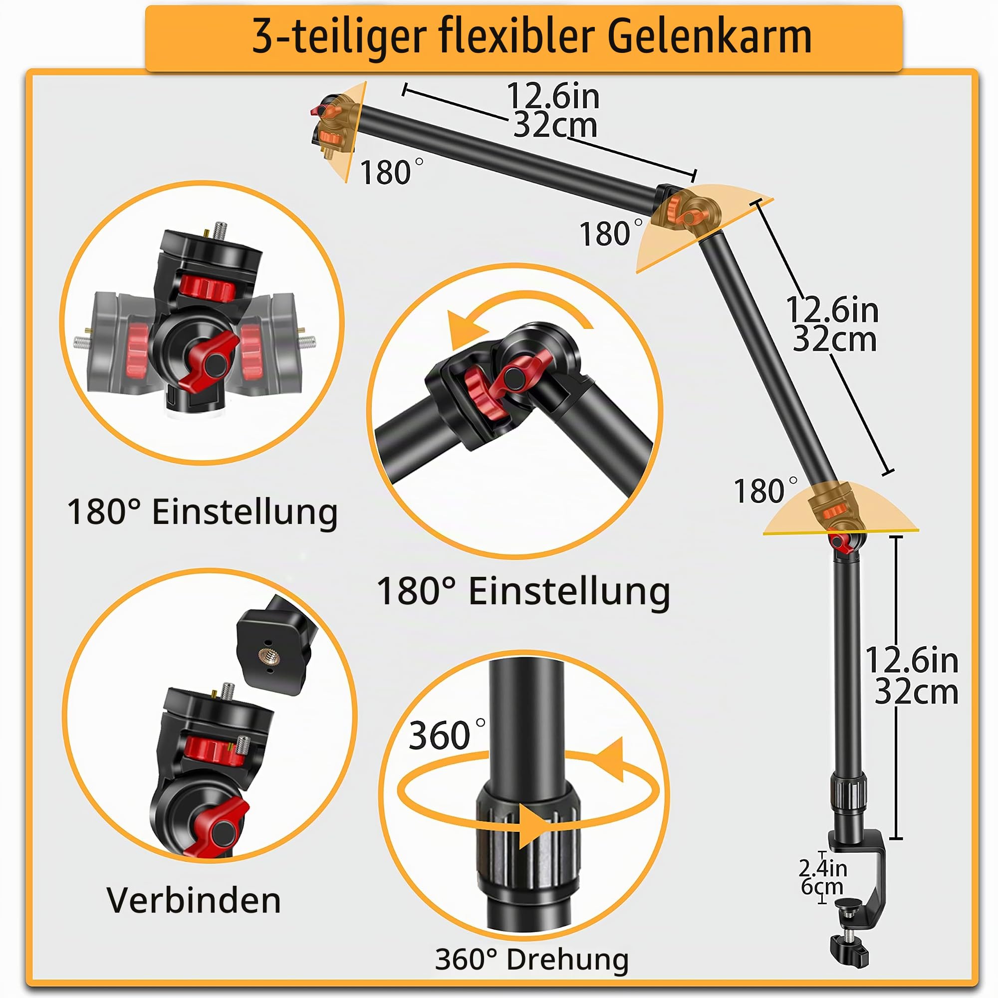 Overhead-Kamera-Halterung, Schreibtischständer, 3-teilig, flexibel, Abnehmbarer Gelenkarm mit 1/4 Zoll, 3/8 Zoll, 5/8 Zoll Schraube und 360°-Kugelkopf, C-Klemme, Tischhalterung für