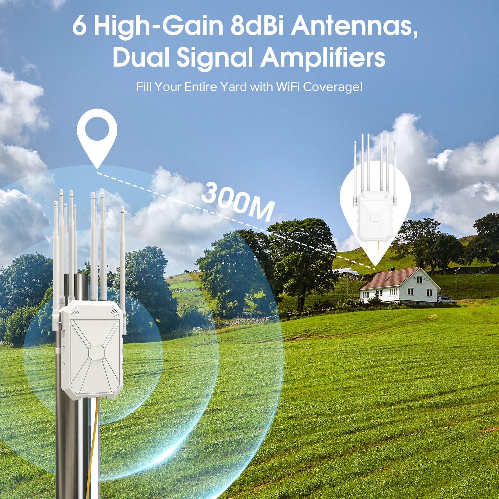AX3000 Ripetitore WiFi Potente Esterno, 5GHz e 2,4GHz Extender WiFi Esterno Amplificatore Wi-Fi Con 6 Antenne, Porta Gigabit Ethernet, Resistente Agli Agenti Atmosferici IP67, Passivo PoE, Per Cortile