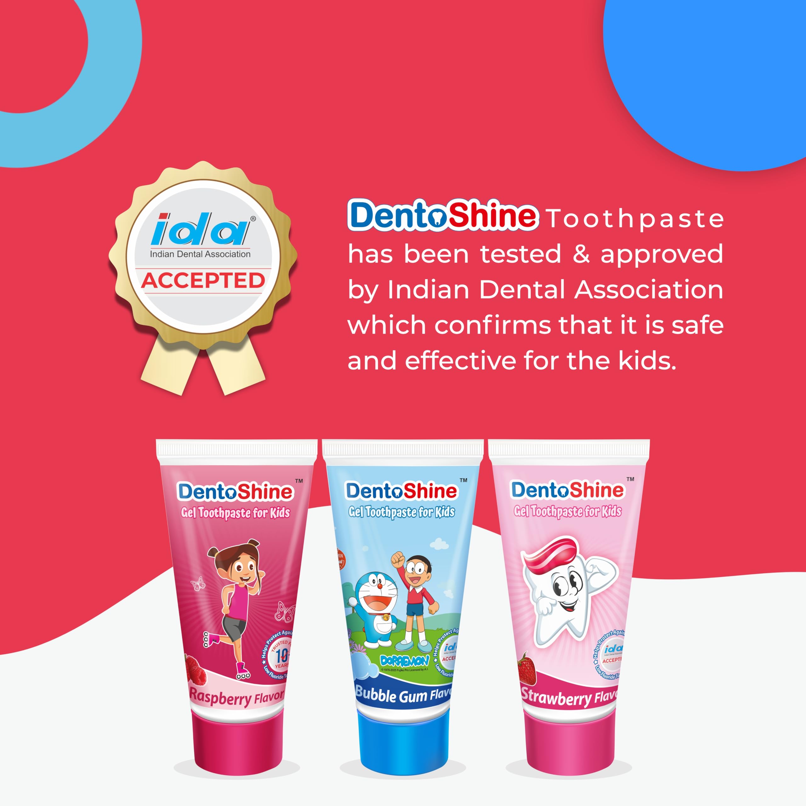 DentoShine Gel Toothpaste for Kids | Pack of 3 Flavors (Strawberry, Bubblegum & Raspberry, 80g each) | IDA Accepted | Ages 2+