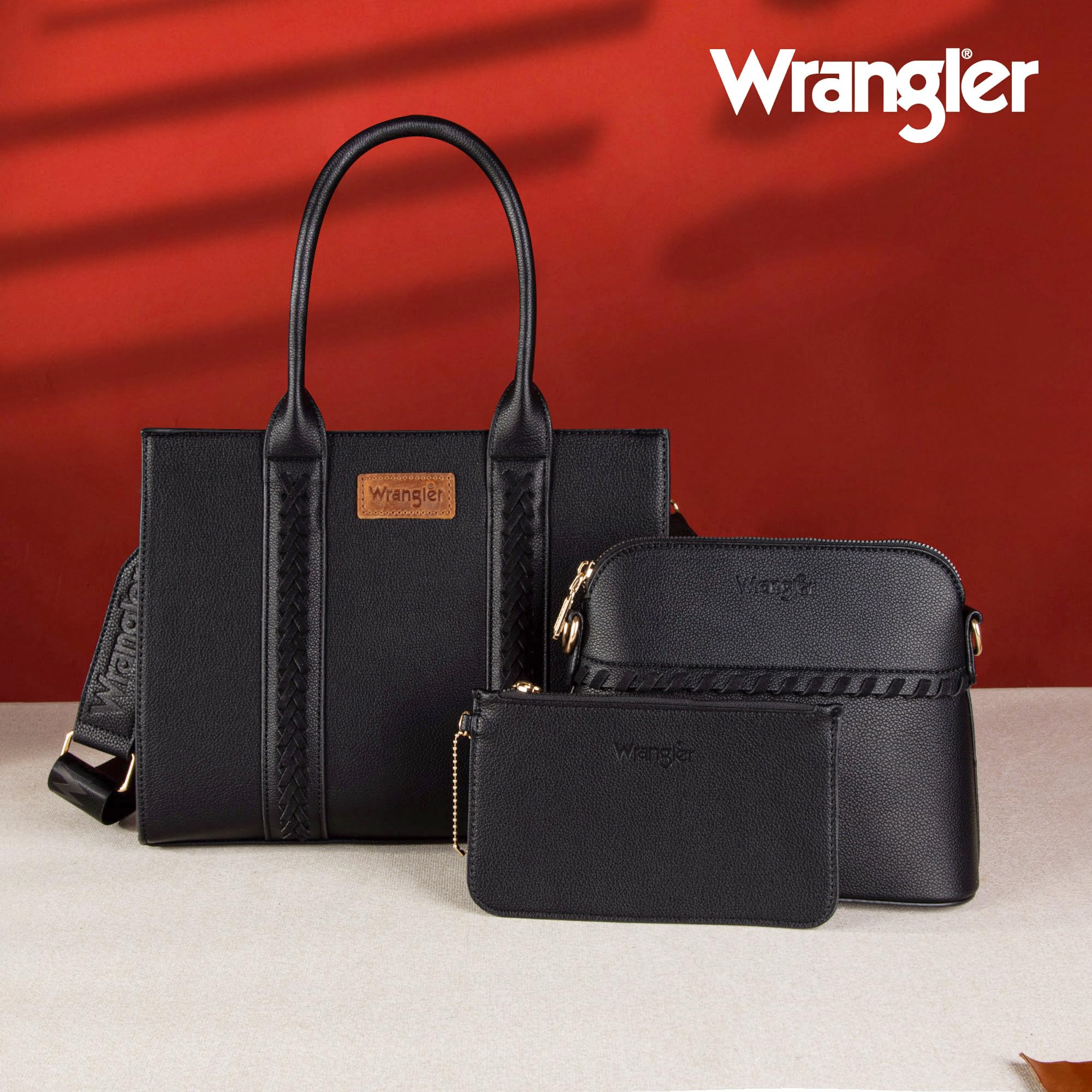 Wrangler tote bag for womens purses and handbags for women black satchel bags 3pcs purse set gifts medium crossbody with guitar strap WG3-8321BK
