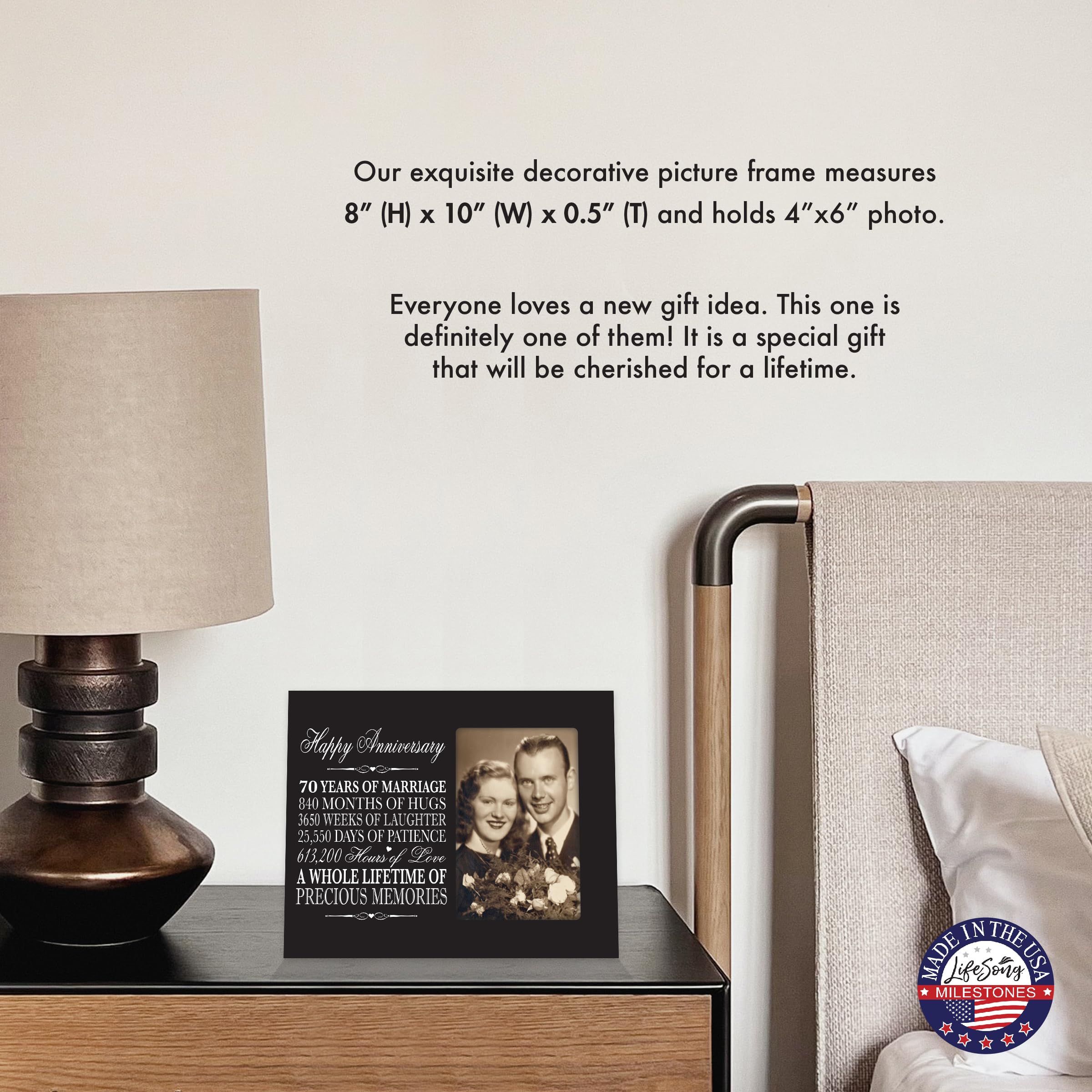 LifeSong Milestones 70th Anniversary Picture Frame – Celebrate Cherished Memories | Elegant 4x6 Photo Keepsake for Parents, Grandparents, Mom & Dad (Black)