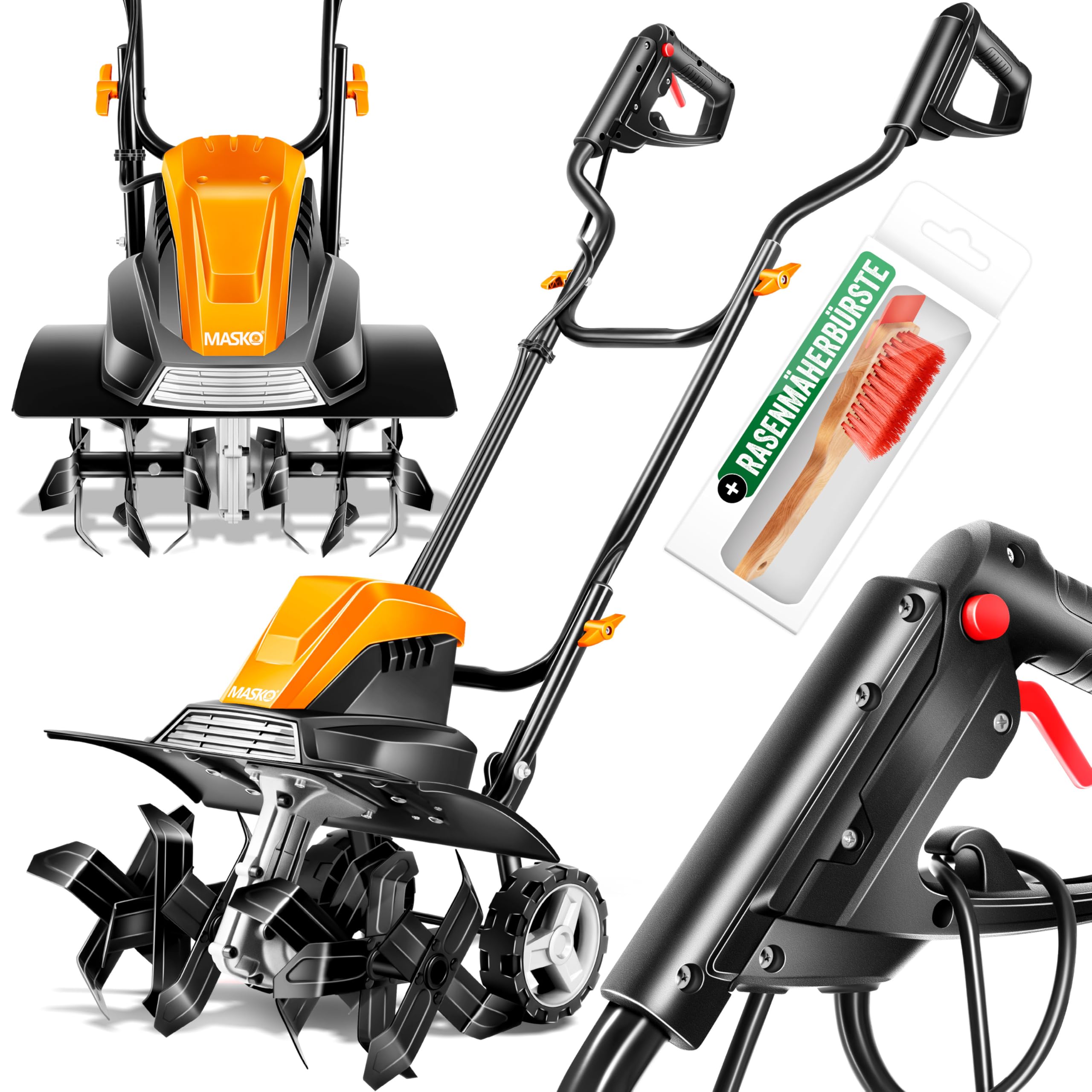 MASKO® Motorhacke elektrisch | Gartenfräse 1500 Watt 45cm Breite 20cm Tiefe | Bodenhacke Ackerfräse Kultivator | Elektro Hacke | klappbarer Handgriff Metallgehäuse | Transporträder & Zubehör | orange