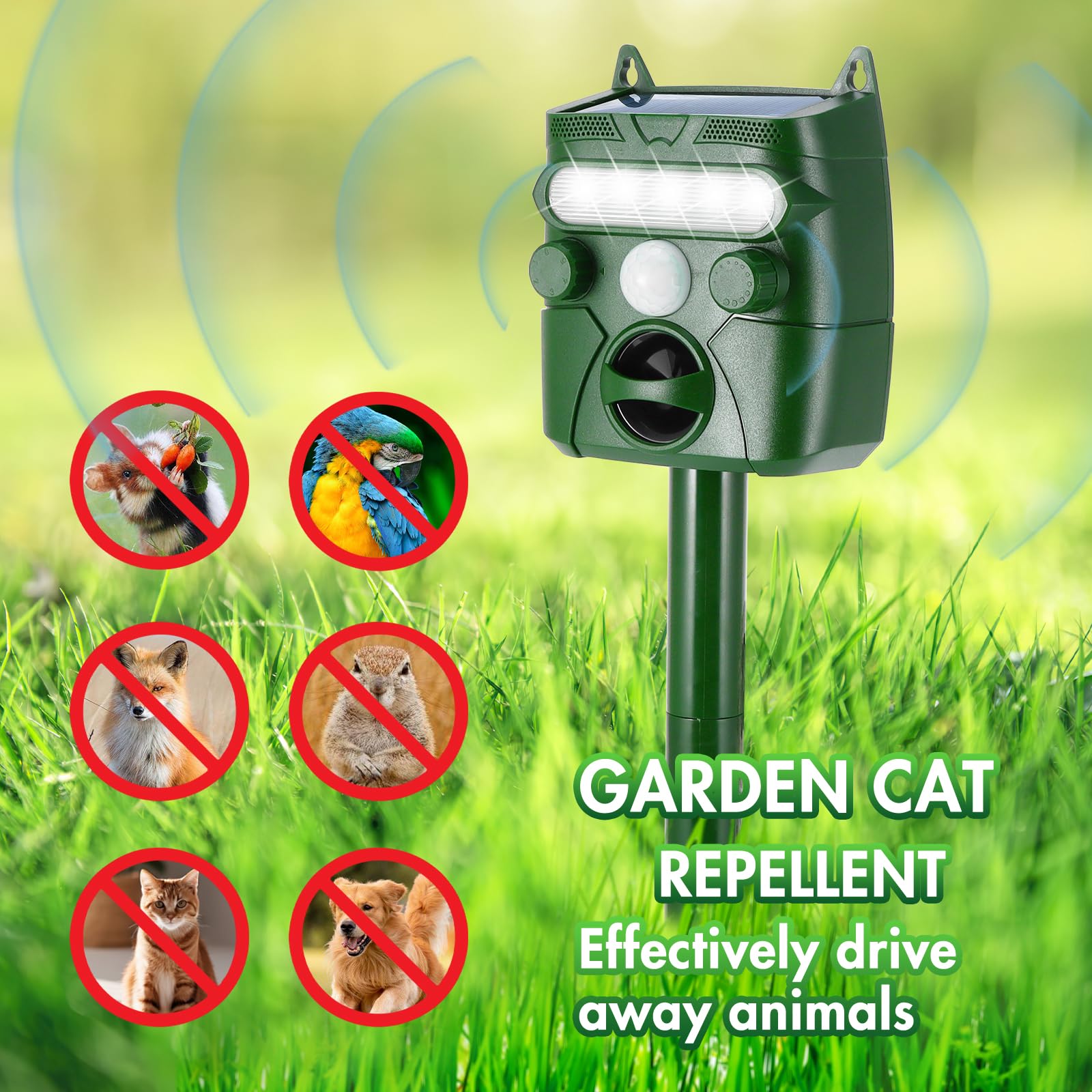 Répulsif Ultrasons Solaire Étanché IP55 – 4 Modes + Détecteur Mouvement – Anti Chats, Chiens, Oiseaux, Renards, Rongeurs – Viitech