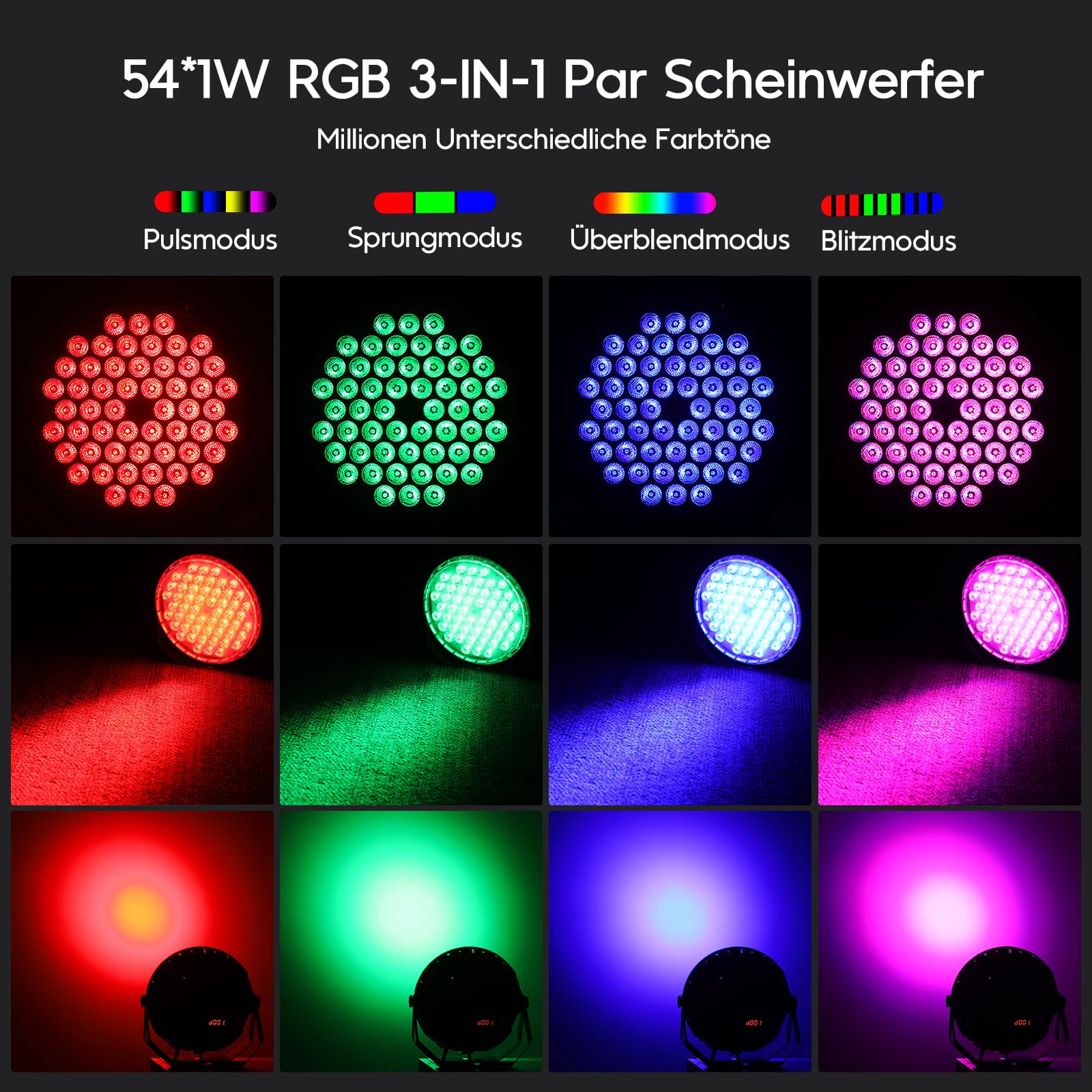 BETOPPER Ultra-Schlanke LED Par Leuchte für DJs, 54 x 1W RGB Par Scheinwerfer mit DMX512, Fernbedienung und Geräuschgesteuerter Bühnenbeleuchtung für Hochzeiten, Partys, Kirchen und Uplighting, 4P