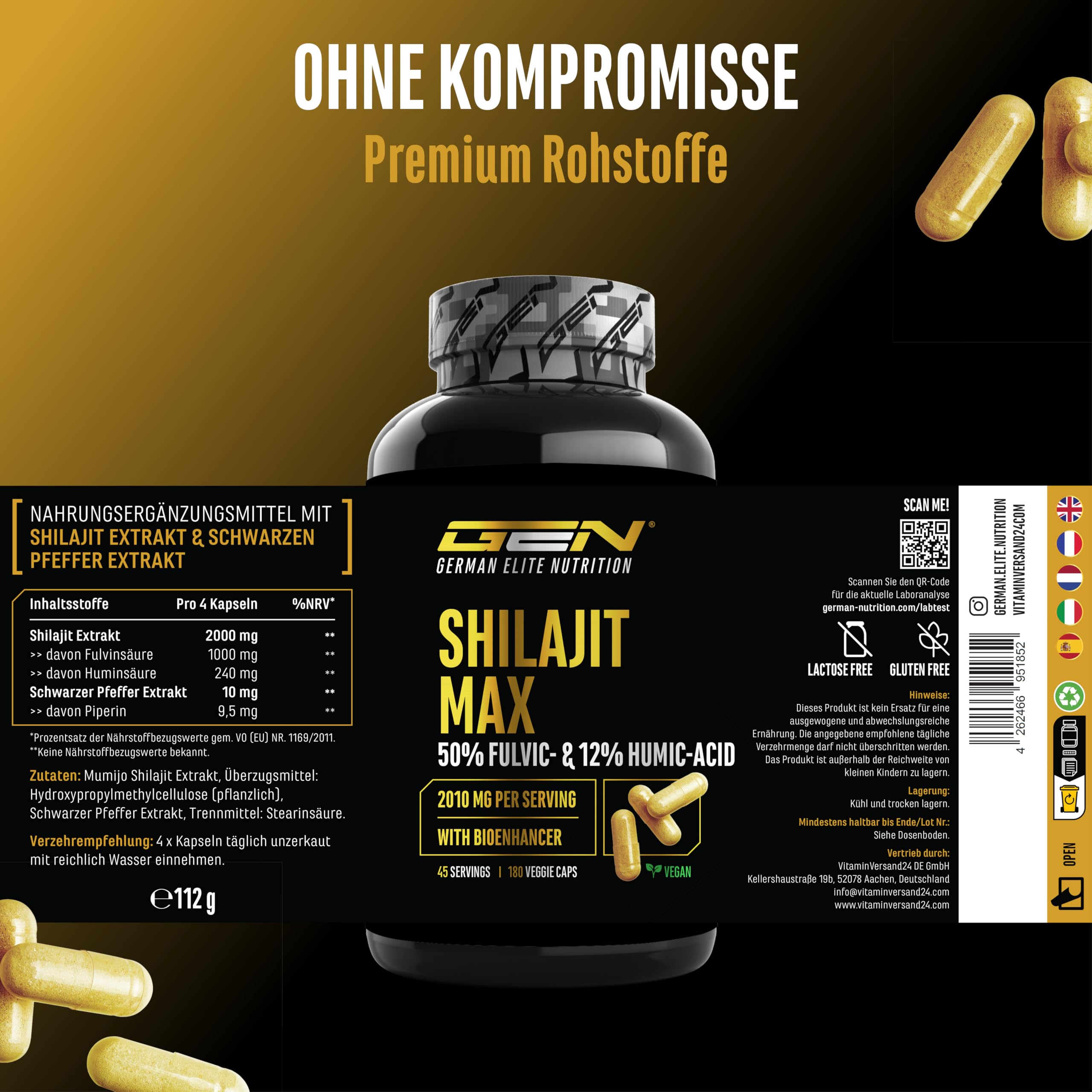 GEN GERMAN ELITE NUTRITION Mumijo Shilajit Max - 180 Kapseln - 10:1 | 2000 mg Shilajit Extrakt, 50% Fulvinsäure, 12% Huminsäure, vegan & hochdosiert, ohne Zusätze