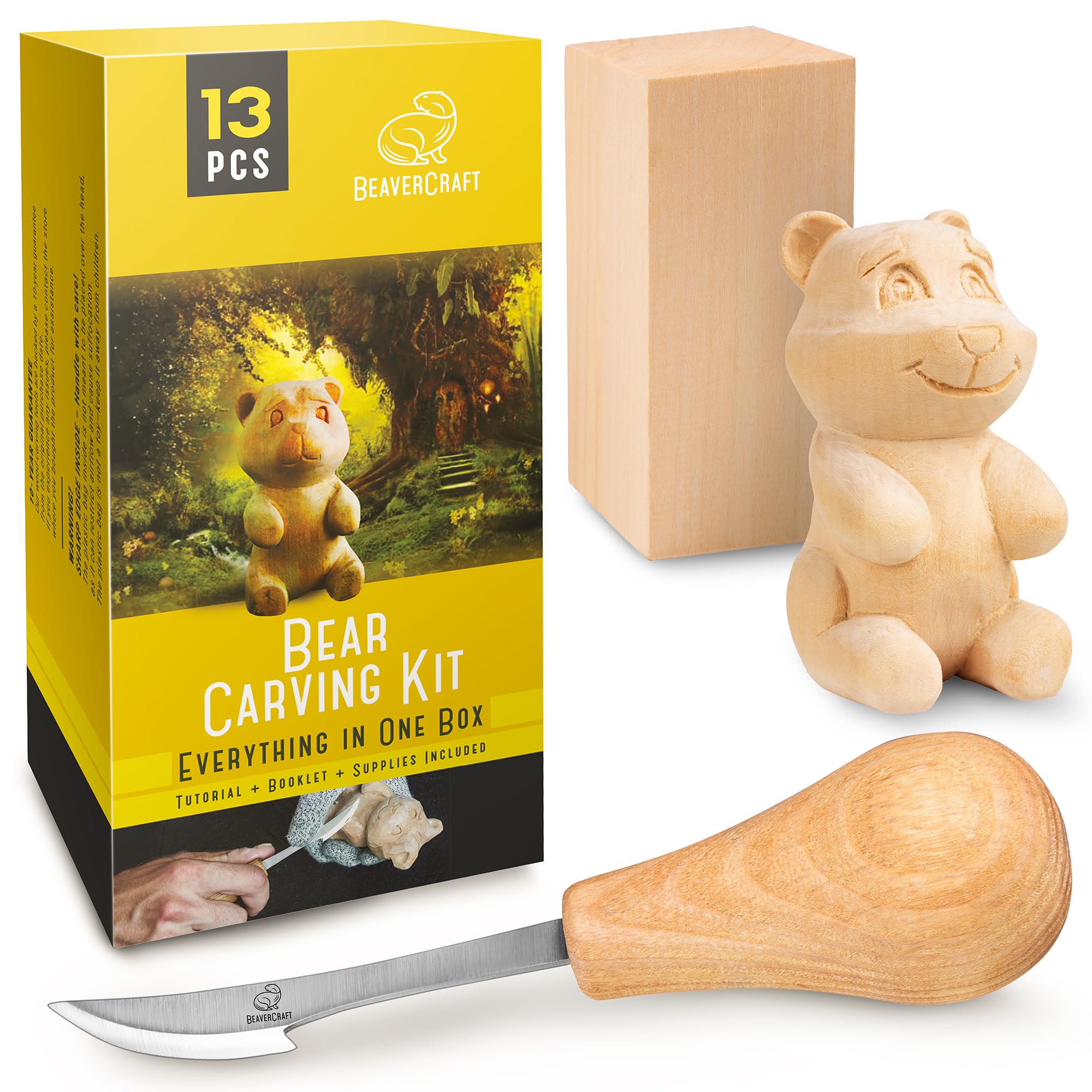 BeaverCraft Holzschnitzset für Anfänger DIY 05 Schnitzmesser Set Bärenschnitzset - Messer für Holzschnitzen und Schnitzrohling - Holzschnitzwerkzeug Set für Kinder und Erwachsene - Schnitzprojekt