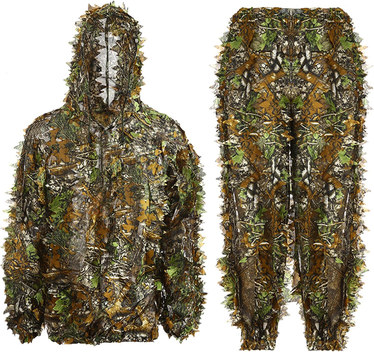 Ghillie Suit 3D Leafy Hunting Suits, Outdoor Hooded Camouflage Clothing for Man, Gilly Camo Suit with Jacket & Pants