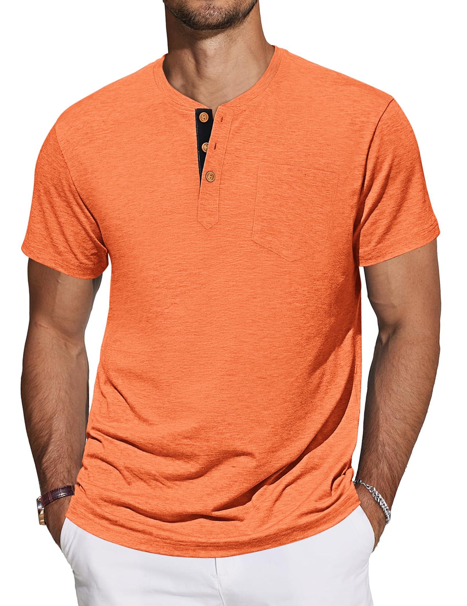 TARAINYA Henley T-Shirt Uomo Cotone Maglietta Maniche Corte Tinta Unita con Tasche Estate M-4XL