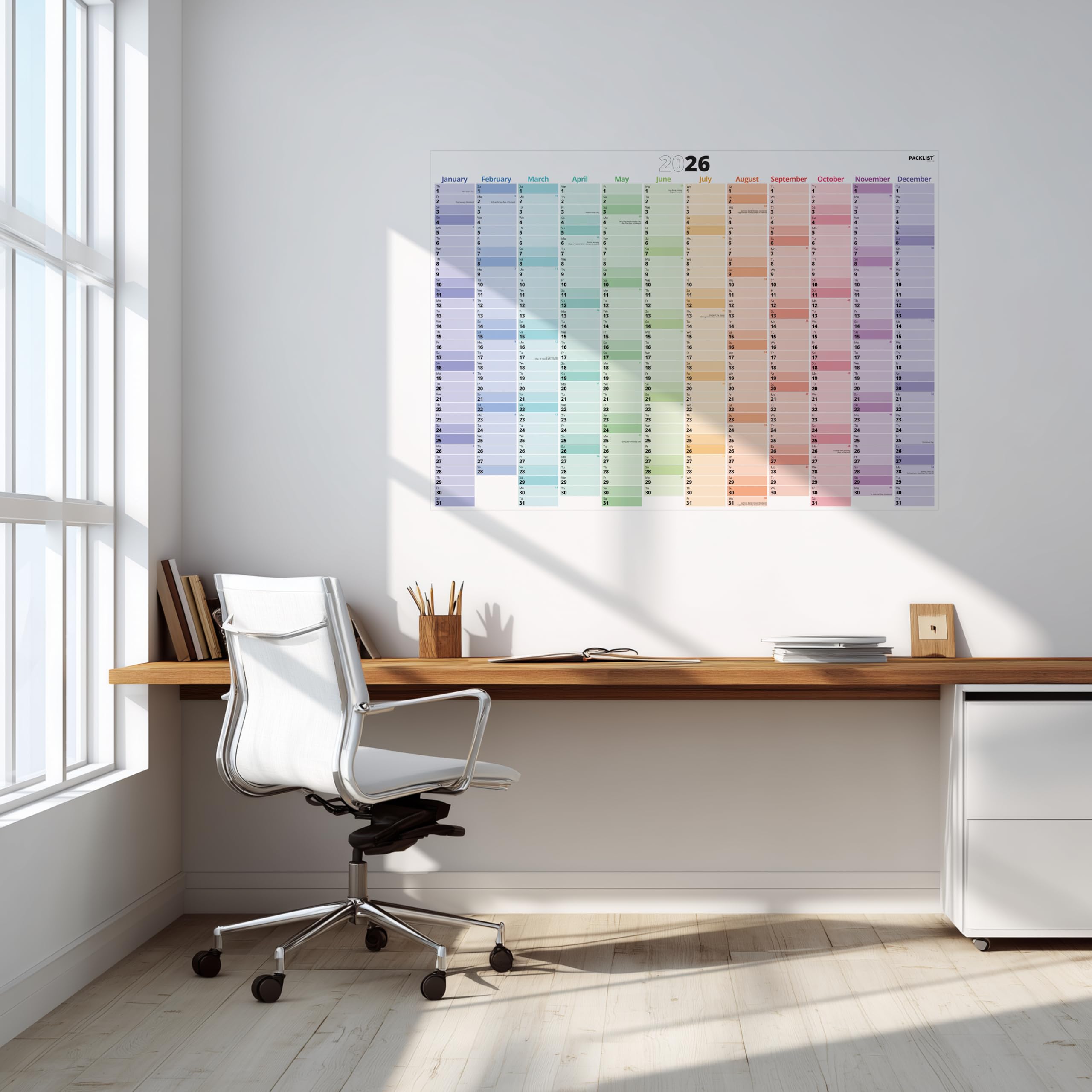 PACKLIST® Calendrier Mural 2026 Au Royaume-Uni, élégant, 12 Mois, Format A1, Pour La Maison, L'étude, Le Travail Et La Famille. Grand Calendrier Mural, Planificateur De Vacances Coloré Pour L'année Au