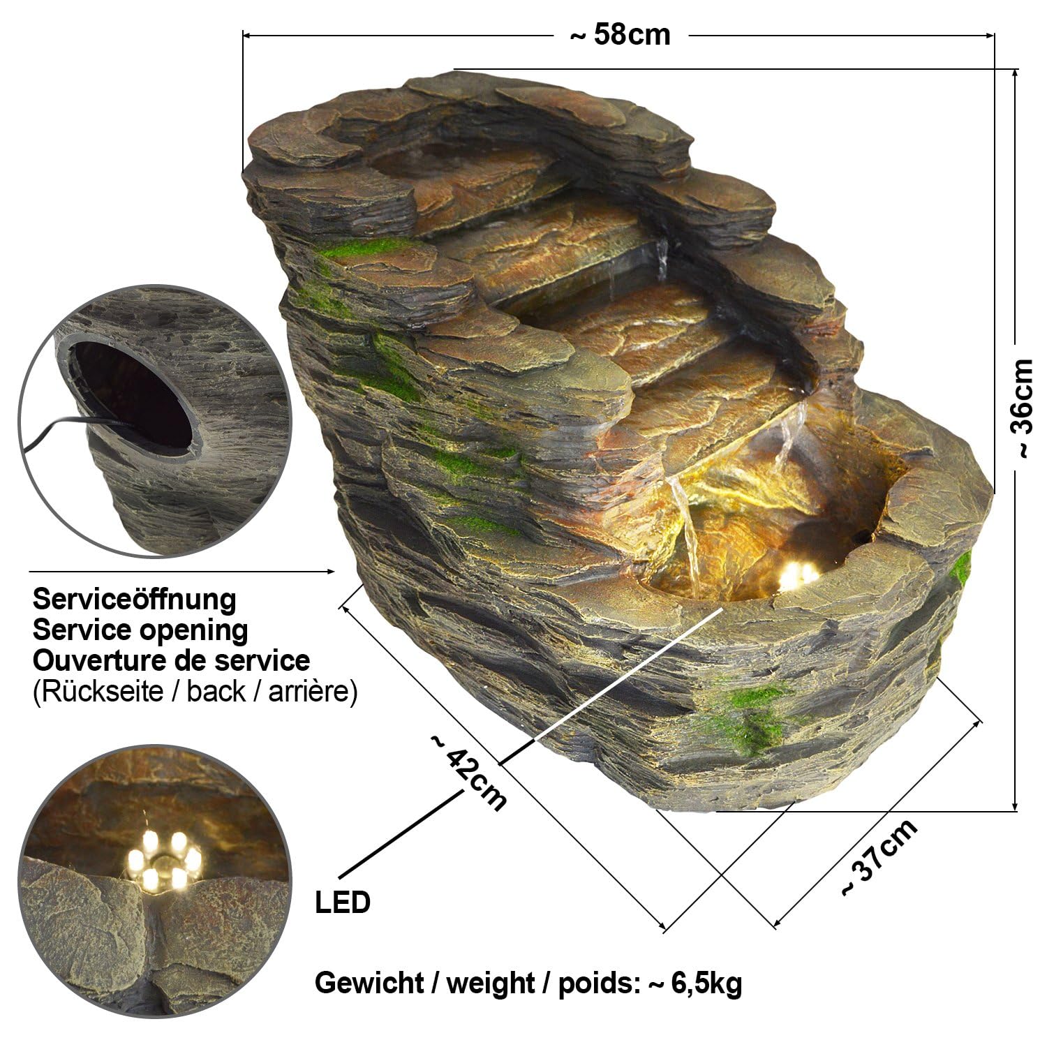 AMUR NIE przegap !!! Solarne źródełko STONE CASCADE BLACK; leśna fontanna solarna; wodospad; ozdobna fontanna na balkon, do domowego ogrodu i kąpieli dla ptaków; LED + lekka woda fontanna 203 V