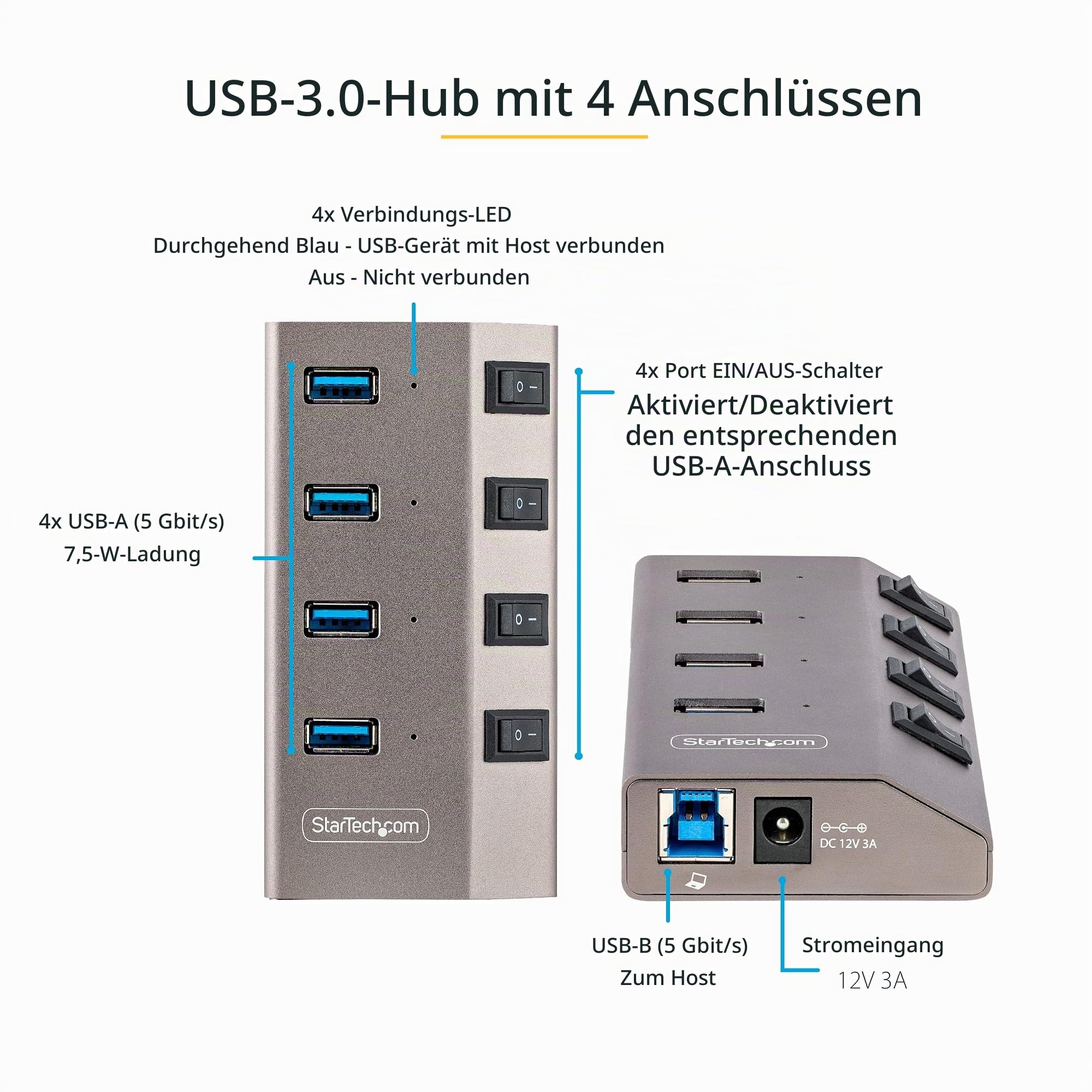 StarTech 4-Port USB-C Hub 5Gbps mit Schaltern, EU (5G4AIBS-USB-HUB-EU) | Selbstbetrieben, Einzelschalter pro Port, USB 3.0, Mit Netzteil, USB-C auf USB-A Splitter, 36W, 1m Kabel