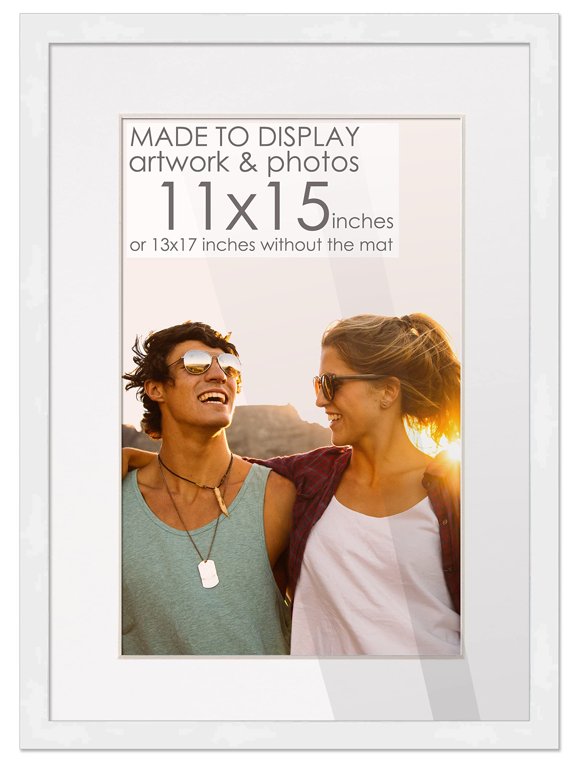 11x15 White Wood Frame with White Mat | 13x17 Frame Matted to 11x15 | Display Your Poster Under UV Acrylic Shatter Guard Front, with Foam Board