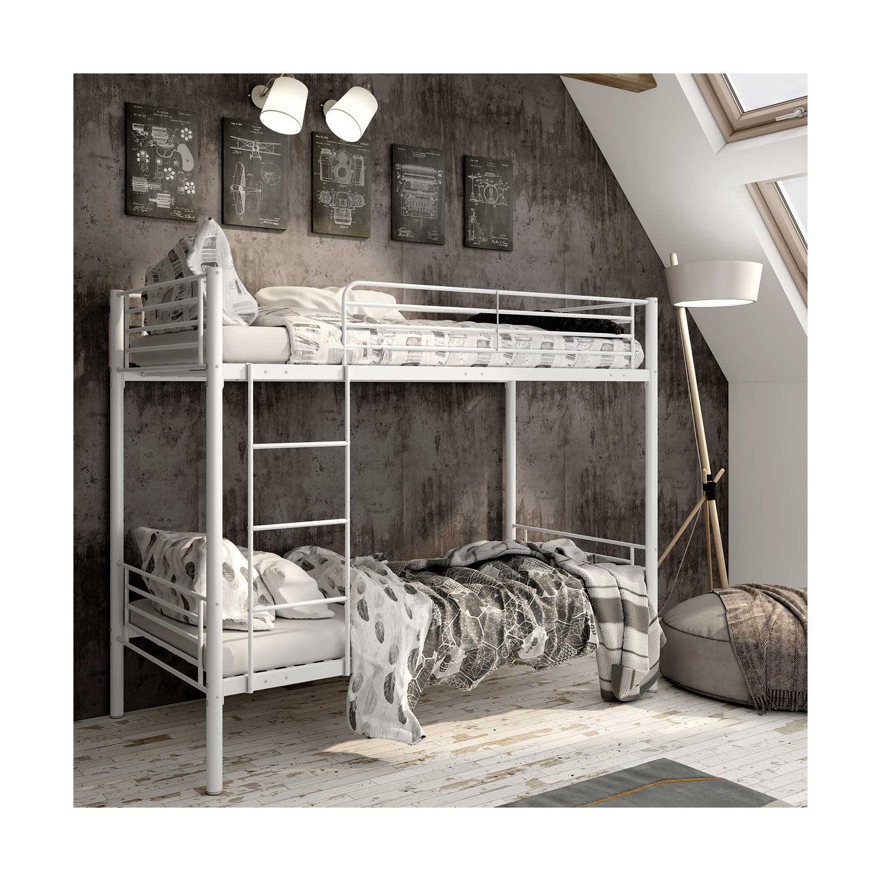 Litera Juvenil Sencilla 90x190 Blanca Estructura Metálica con Escalera Doble Infantil Modelo BOOL