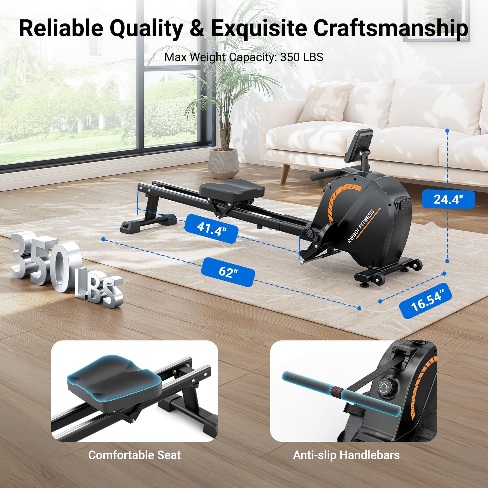 Dripex Rowing Machines for Home, Upgraded Rowing Machine Max 350 LBS, Magnetic Rower with 16 Levels of Workout Resistance, Dual Slide Rail view 6