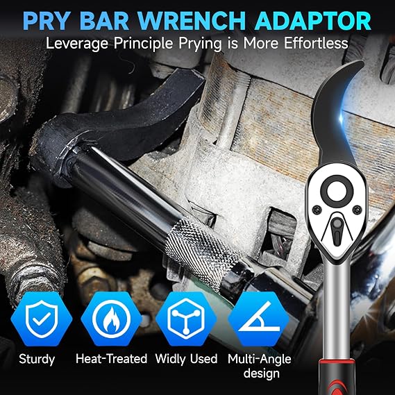 2pcs Pry Bar Wrench Adaptor Head, 1/2 D 8pt (Square) Profile & 90 Degree Crowbar Hammerable Rolling Head Pry Bar Adapter, Adjustable Angle Head Crowbar Adapter Head Tools for Tight Spaces