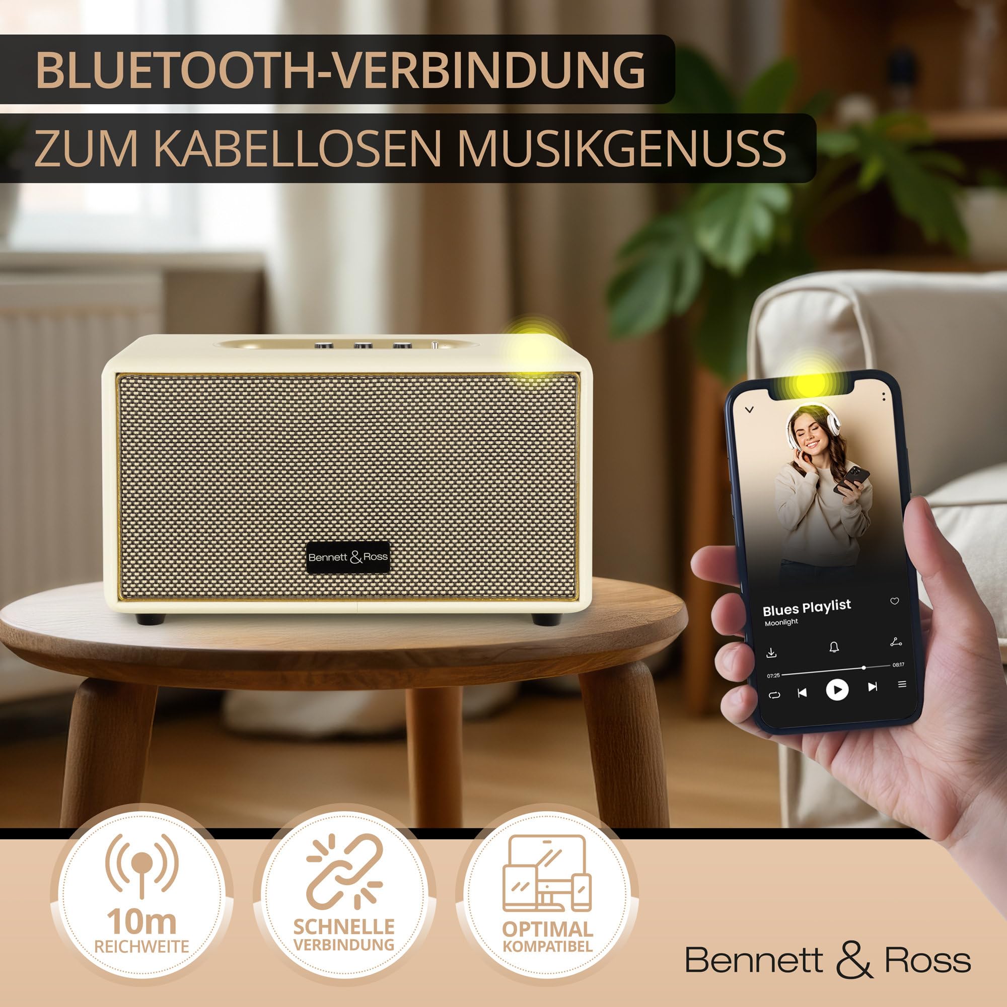 Bennett & Ross BB-860CW Blackmore Haut-Parleur Bluetooth rétro en Cuir - Haut-Parleur Vintage avec 2X 30W - Speaker Entrée USB avec Lecteur MP3 - Jack 3,5 mm avec aux-in - Enceinte Blanc créme