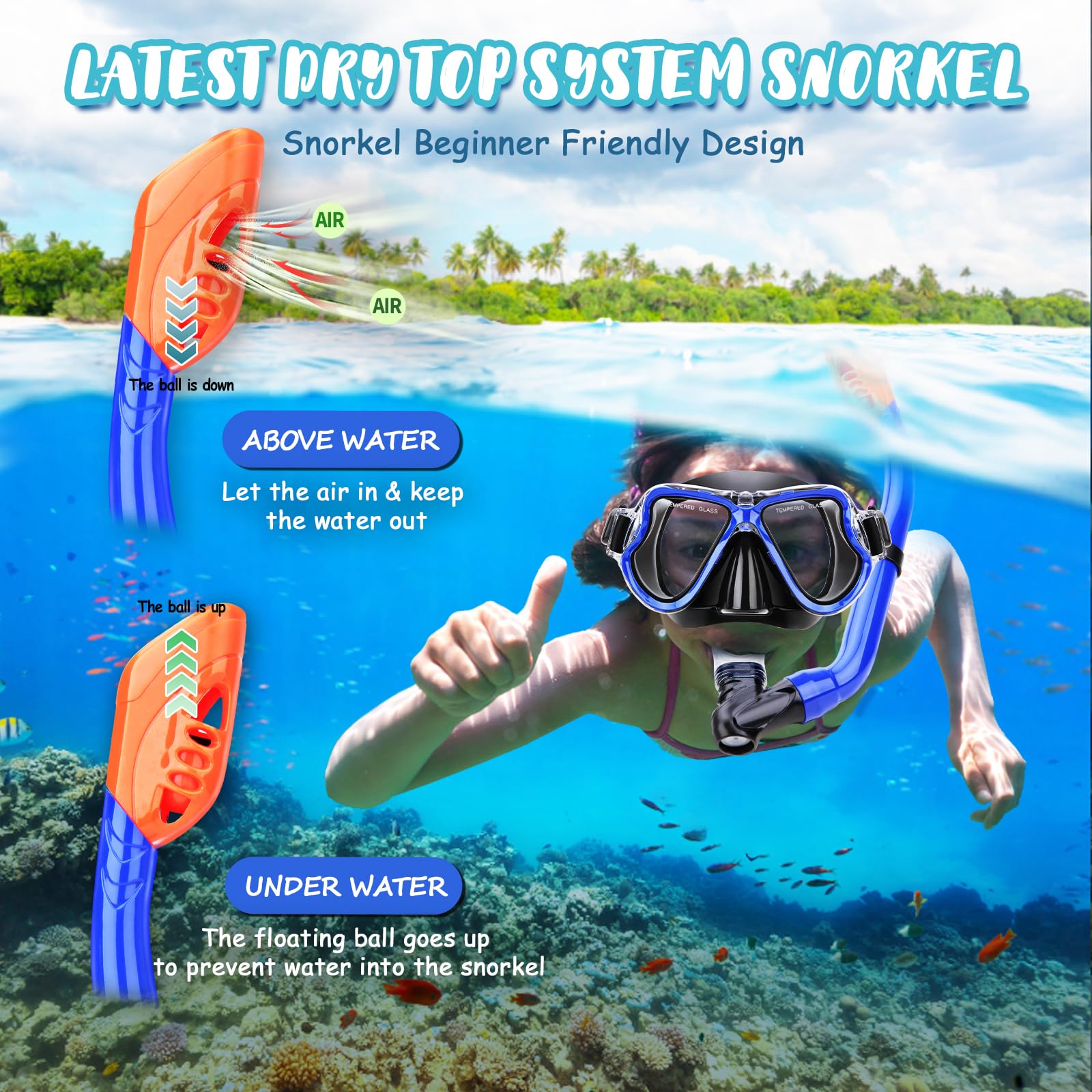 Set da snorkeling 4 in 1 per bambini, vista panoramica, maschera anti-appannamento, pinne Dry Top, con borsa da viaggio, attrezzatura per snorkeling per bambini, nuoto e immersioni
