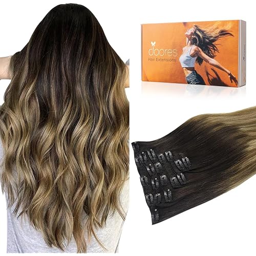DOORES Hair Extensions Clip in Human Hair, Balayage Dark Brown to Chestnut Brown and Dirty Blonde 100g 14 Inch 7pcs, Remy Clip in Extensions Real Natural Straight Weft