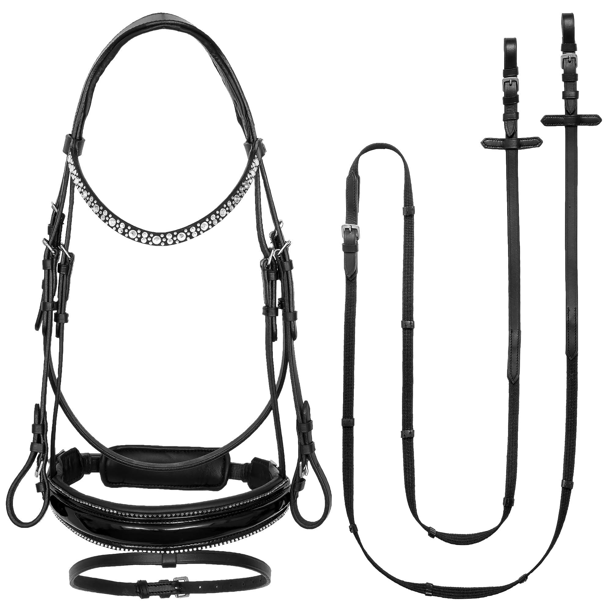 Ledertrense mit Kristallen Anatomisch gepolstert Komplettes Set inkl. Zügeln Elegantes Stirnband Komfort Pferd Schwarz Silber Full Warmblut