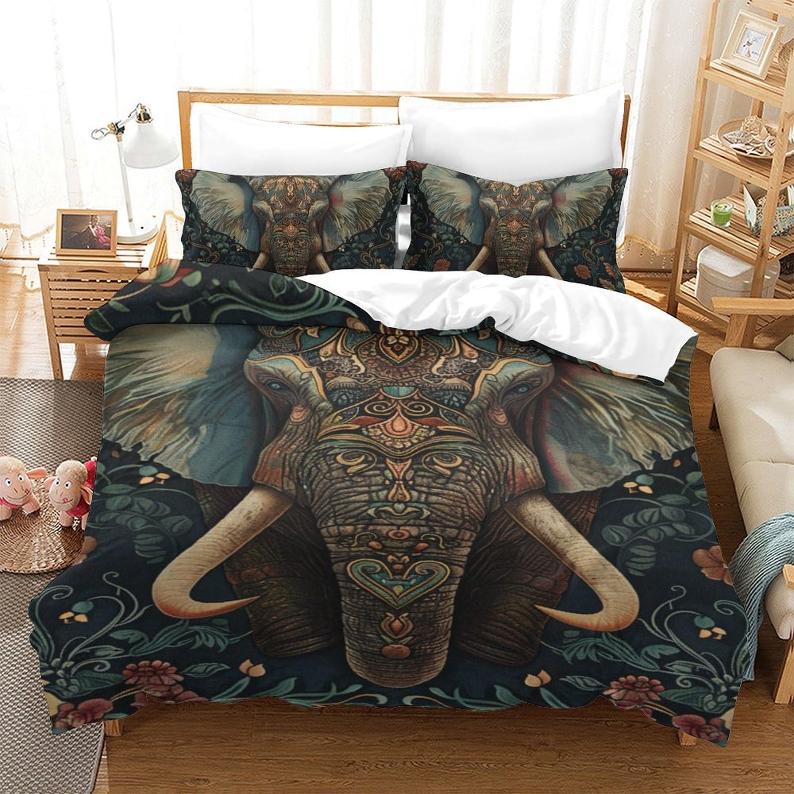Housse de couette éléphants 140x200 anti-acarien en microfibre douce pour le lit des enfants