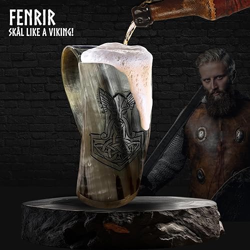 Miniatura 5 de Taza de cuerno vikingo de 16 onzas con acabado Thor Odin con asa y 2 vasos de chupito, hecha a mano, taza nórdica de cuerno real para Ale, Mead y