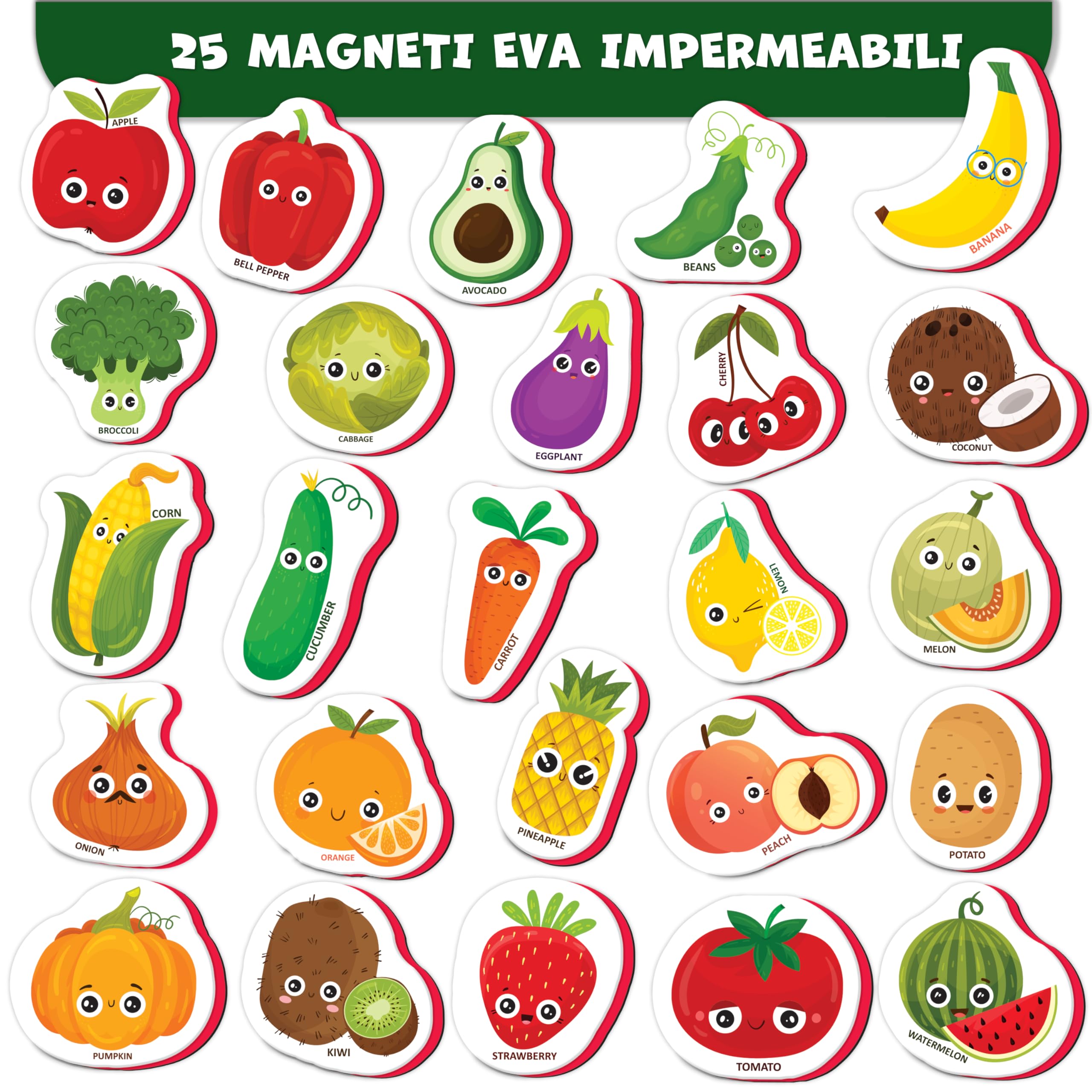 Little World 25 magneti da frigo per bambini da 1 a 3 anni, sicuri, durevoli, impermeabili, in schiuma, con scatola regalo colorata, magneti atossici per frutta e verdura, per bambini e neonati