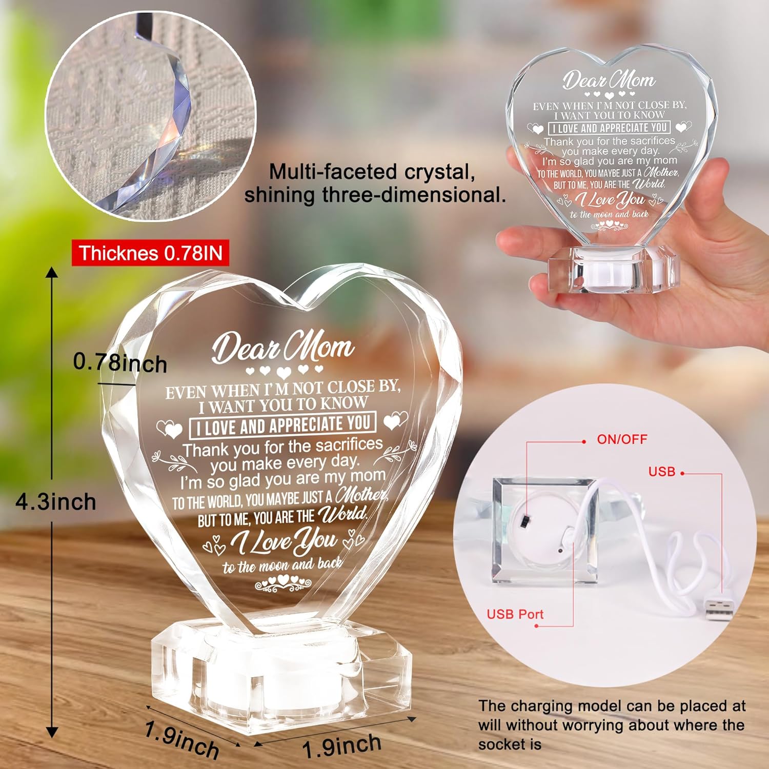 Gifts for Mom Birthday Mothers Day, Perfect Christmas Mothers Valentines Day Birthday Gifts for Mom from Daughter Son, Engraved Mother Crystal Heart with Rechargeable Color-Changing LED Base - Image 7