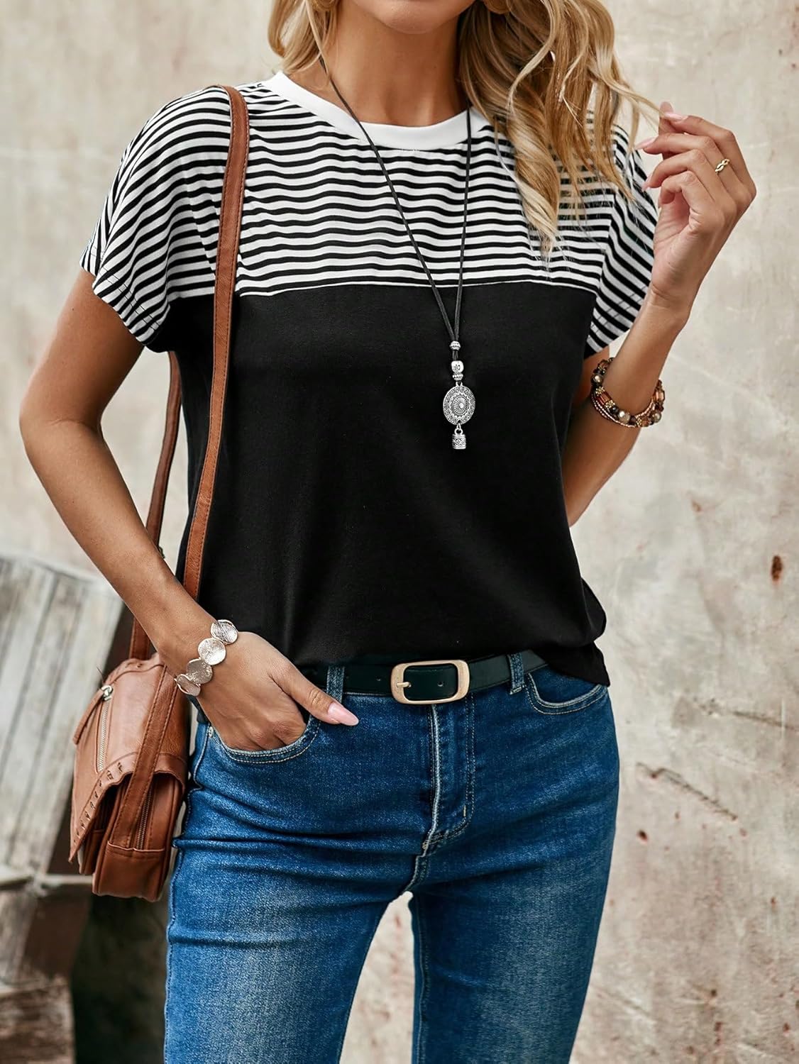 Floerns Women's Casual Striped Crew Neck Short Sleeve T Shirts Tee Tops - Image 5