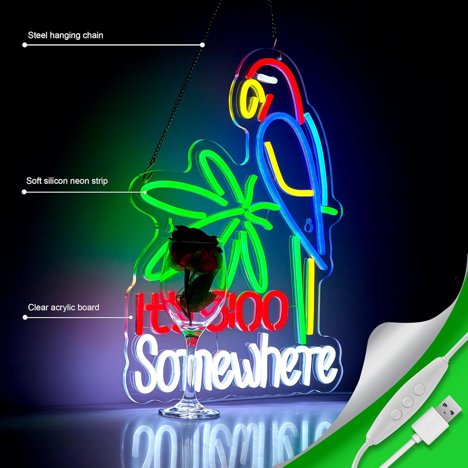 Its 5:00 O'clock Somewhere Neon Signs for Wall Décor Dimmable LED Neon Light USB Powered Neon Art Signs Decor